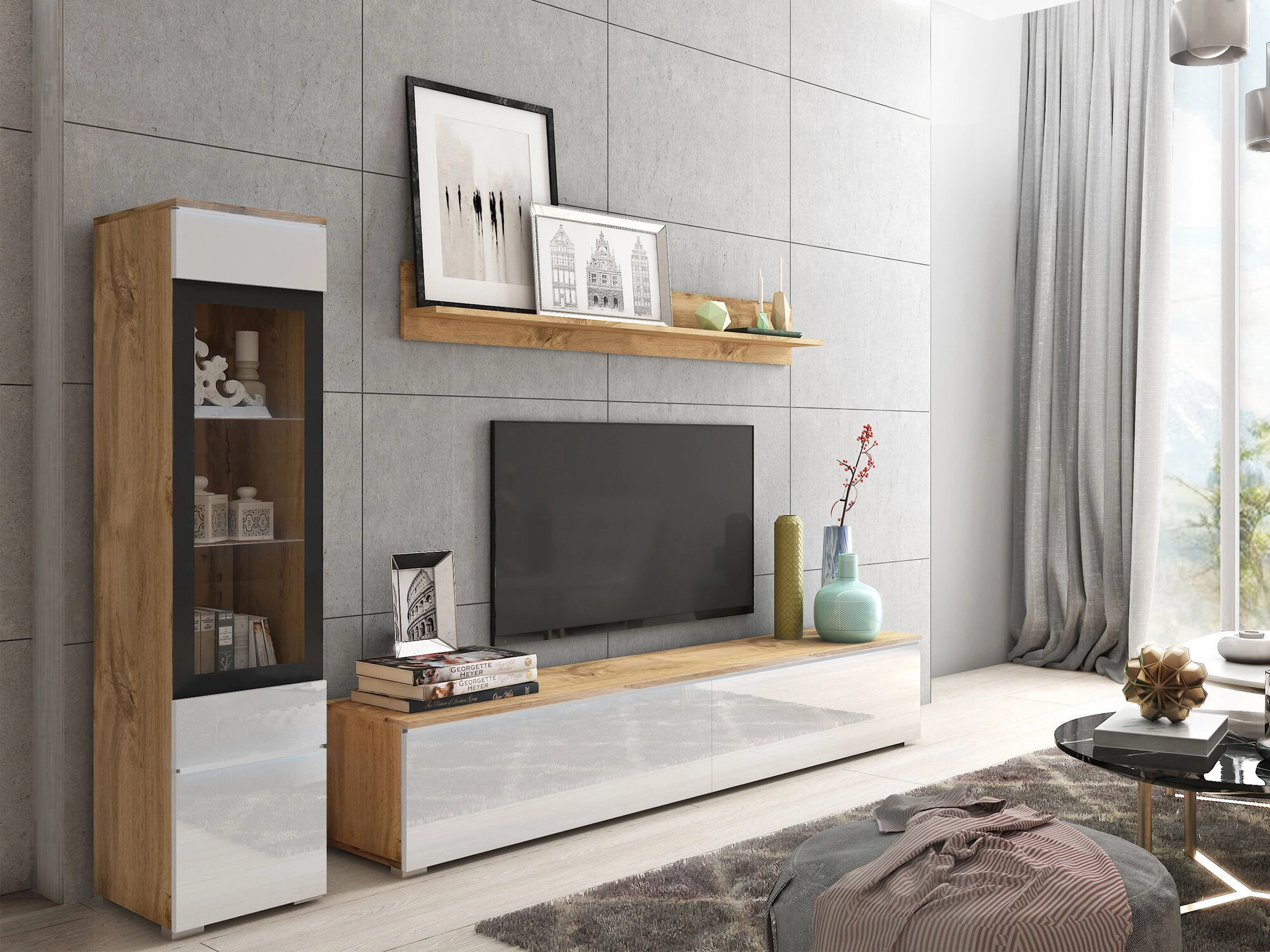 Wohnzimmer-Sets Mirfivo 100 (Wotan Eiche + Weiß glänzend)