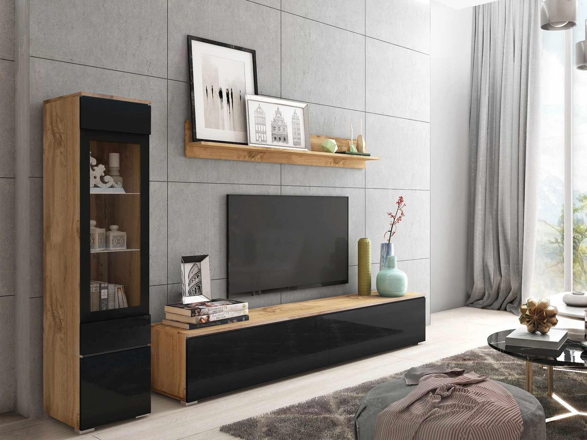 Wohnzimmer-Sets Sarasota 125 (Wotan Eiche + Schwarz glänzend)