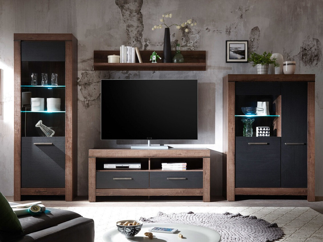 Wohnzimmer-Sets Dunfelu 105 (Monastery Eichenholzoptik + eichenholzoptik schwarz)
