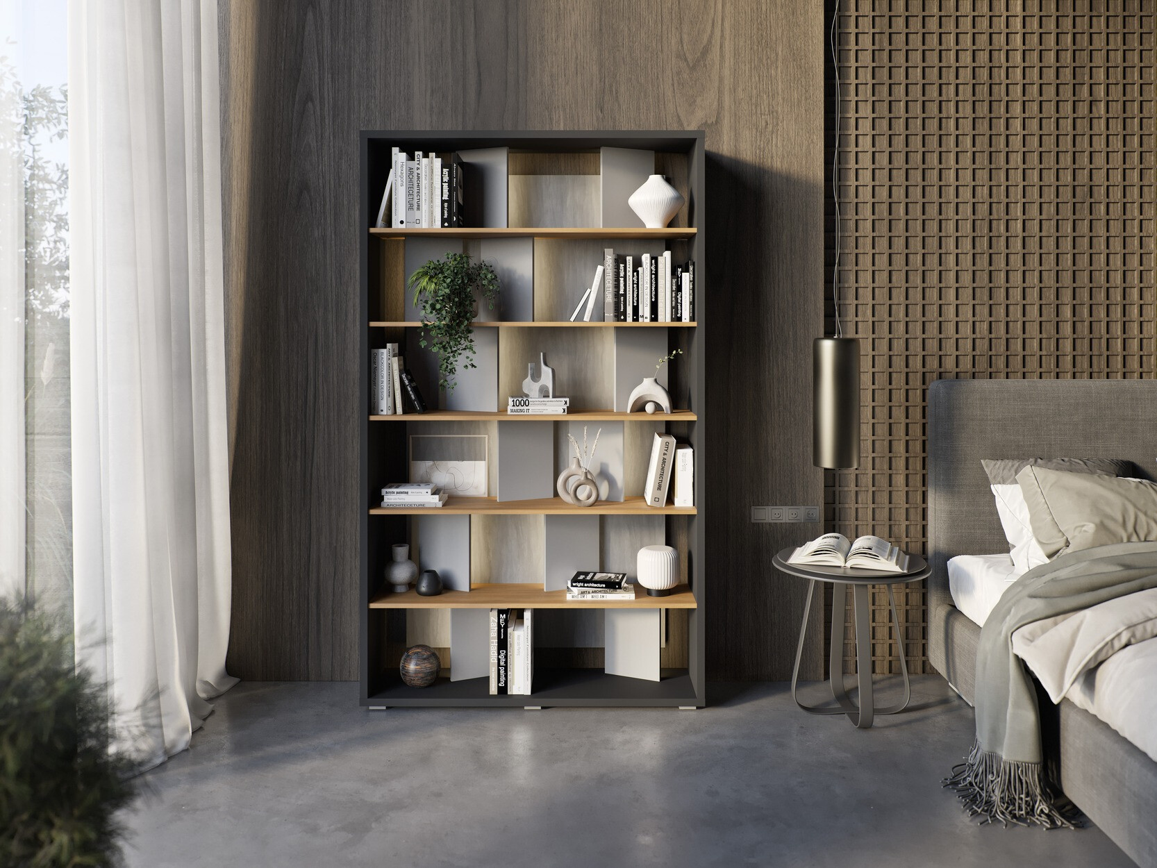 Regal Fresno 154 (Grau glänzend + Graphit + Eichenholzoptik)