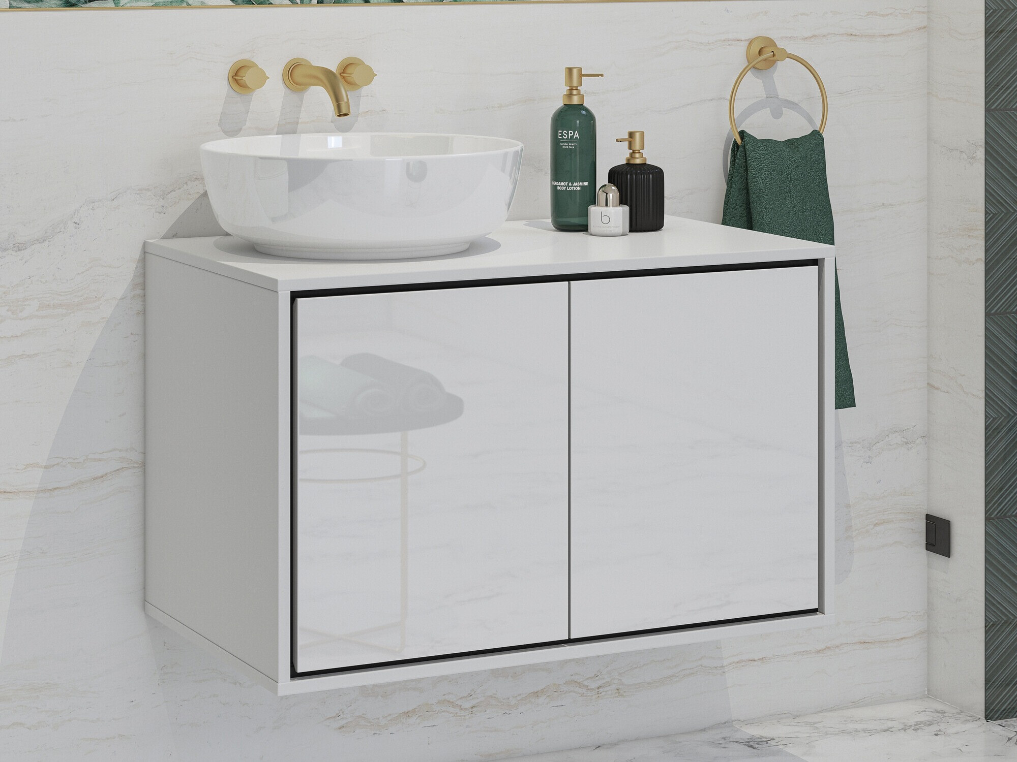 Hängeschrank für Waschbecken Tecavu 103 (Weiß glänzend + Weiß)