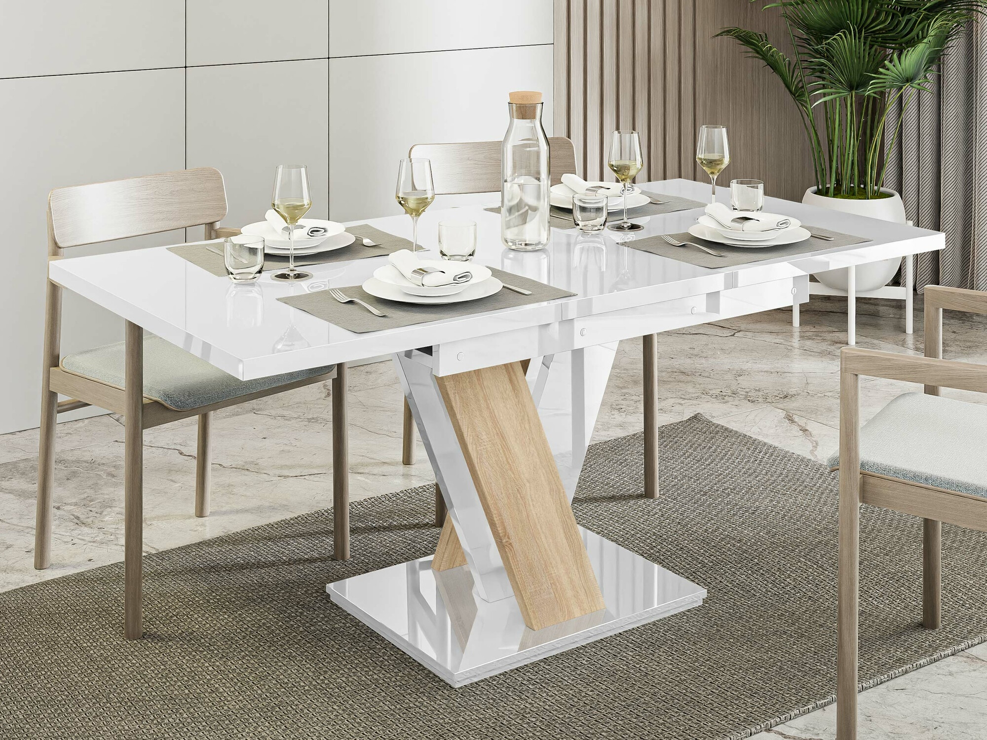 Tisch Musus (Weiß glänzend + Sonoma Eichenholzoptik)