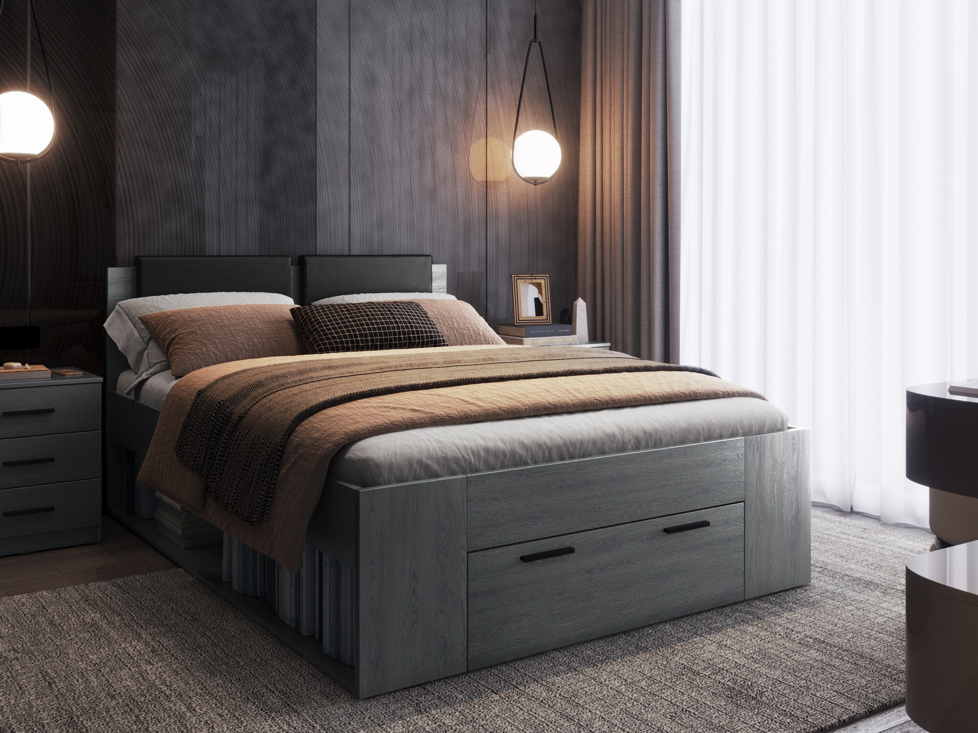 Bett Levruvu 106 (Eichenholzoptik Grau + Schwarz)