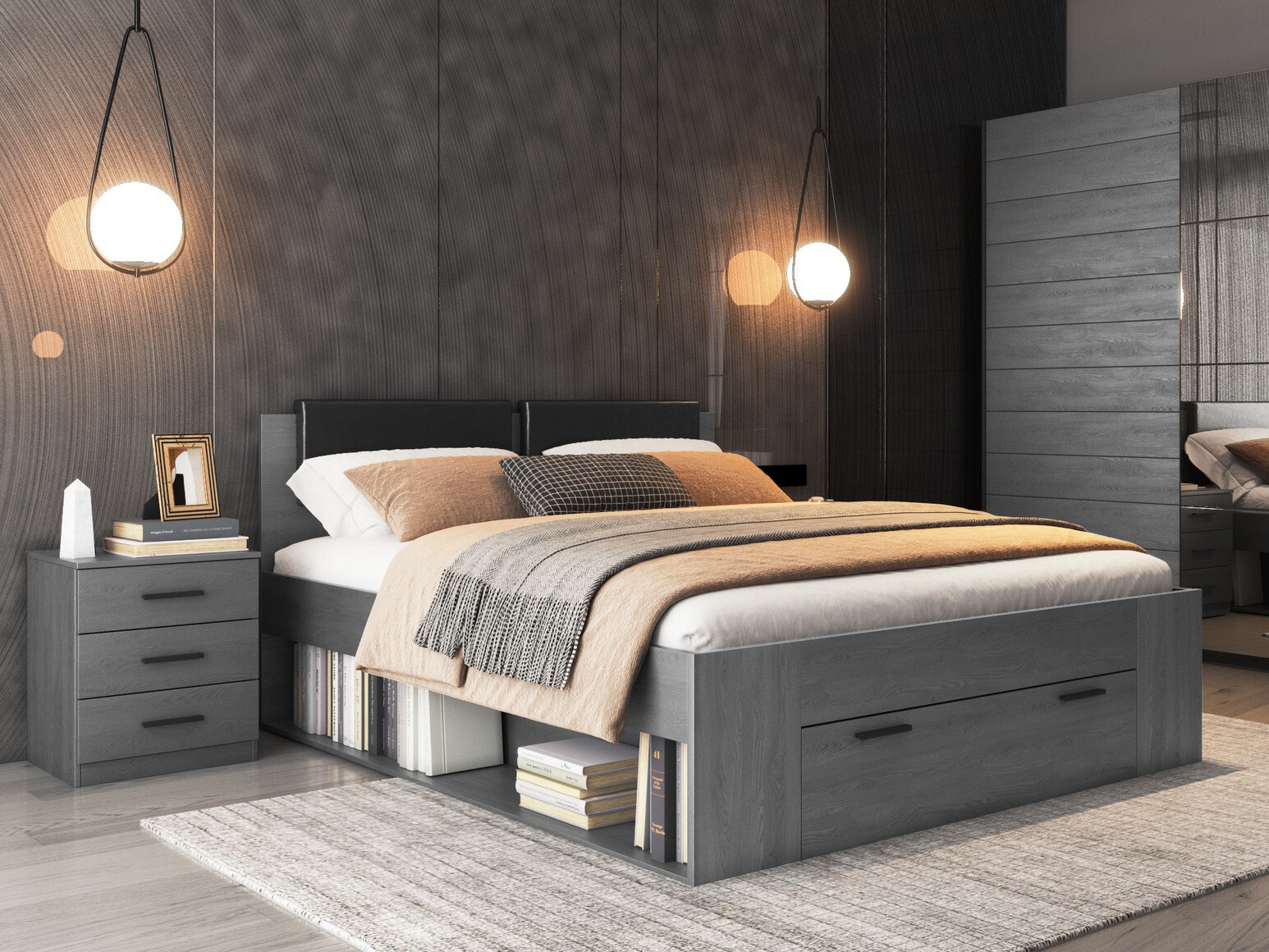 Bett Levruvu 106 (Eichenholzoptik Grau + Schwarz)