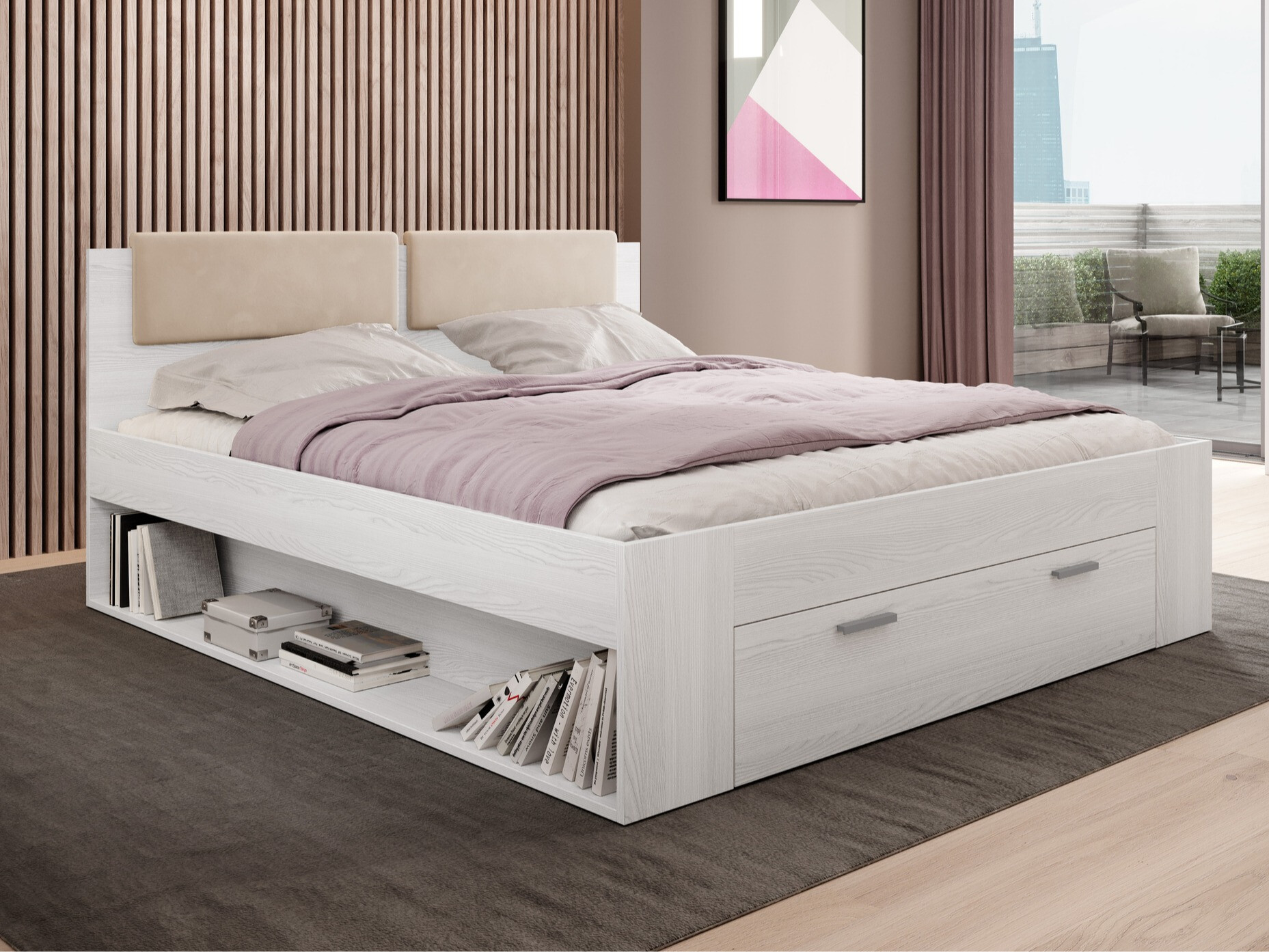 Bett Levruvu 106 (Esche gebleicht + Beige)