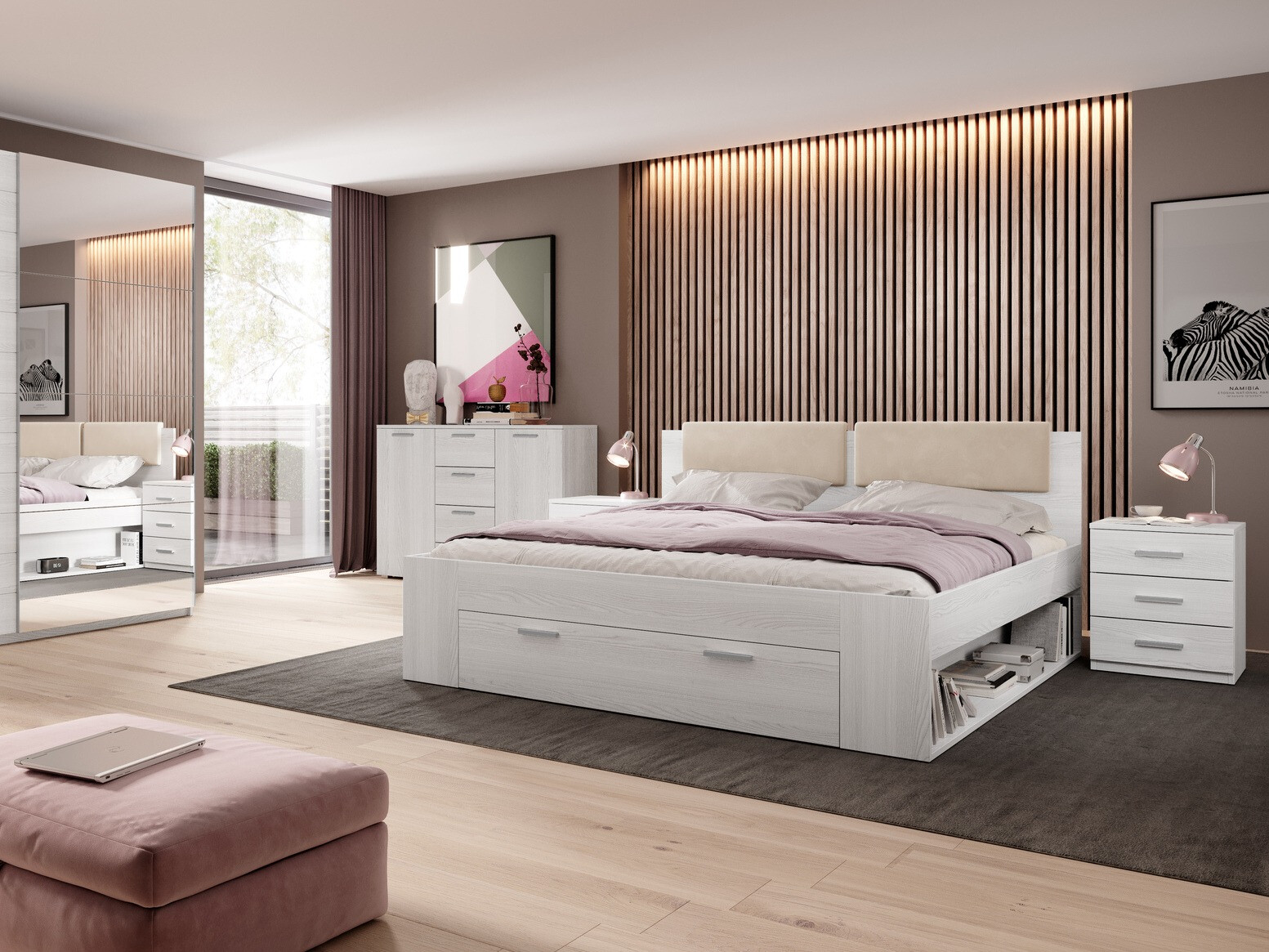 Bett Levruvu 106 (Esche gebleicht + Beige)