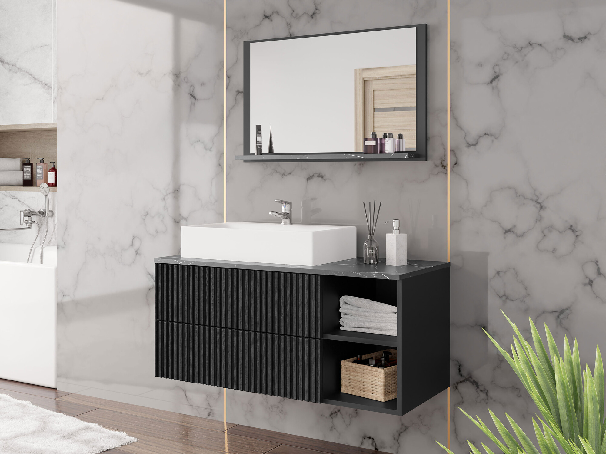 Badezimmer-Set Nauta (Schwarz + Schwarzer Marmor)