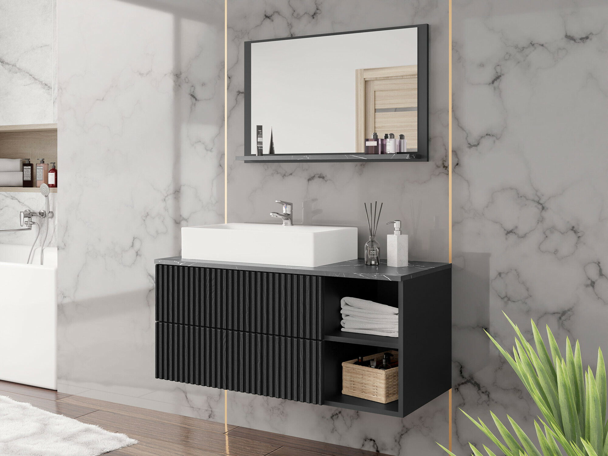 Badezimmer-Set Nauta (Schwarz + Schwarzer Marmor)