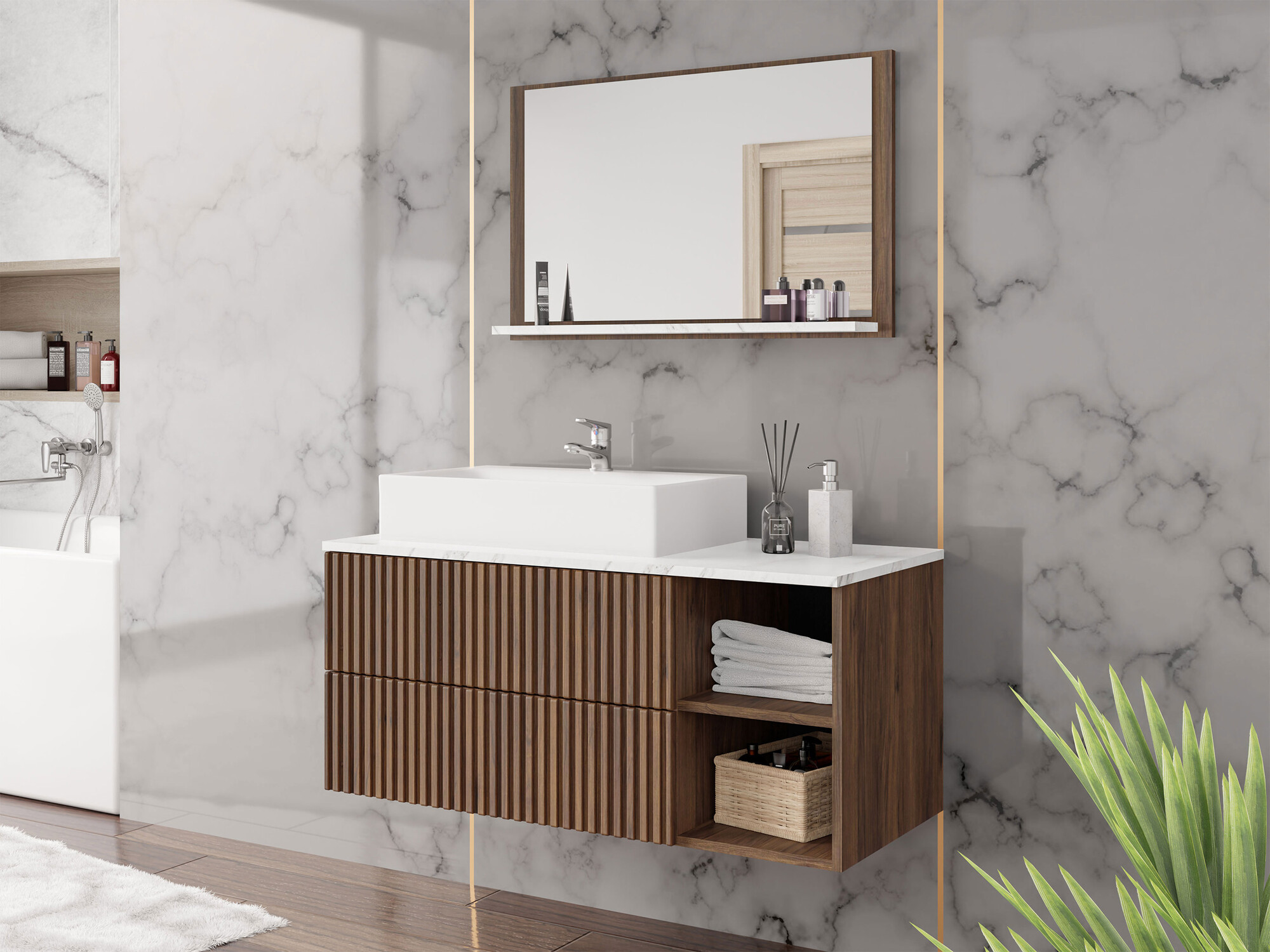 Badezimmer-Set Nauta (Walnussholzoptik + Weißer Marmor)