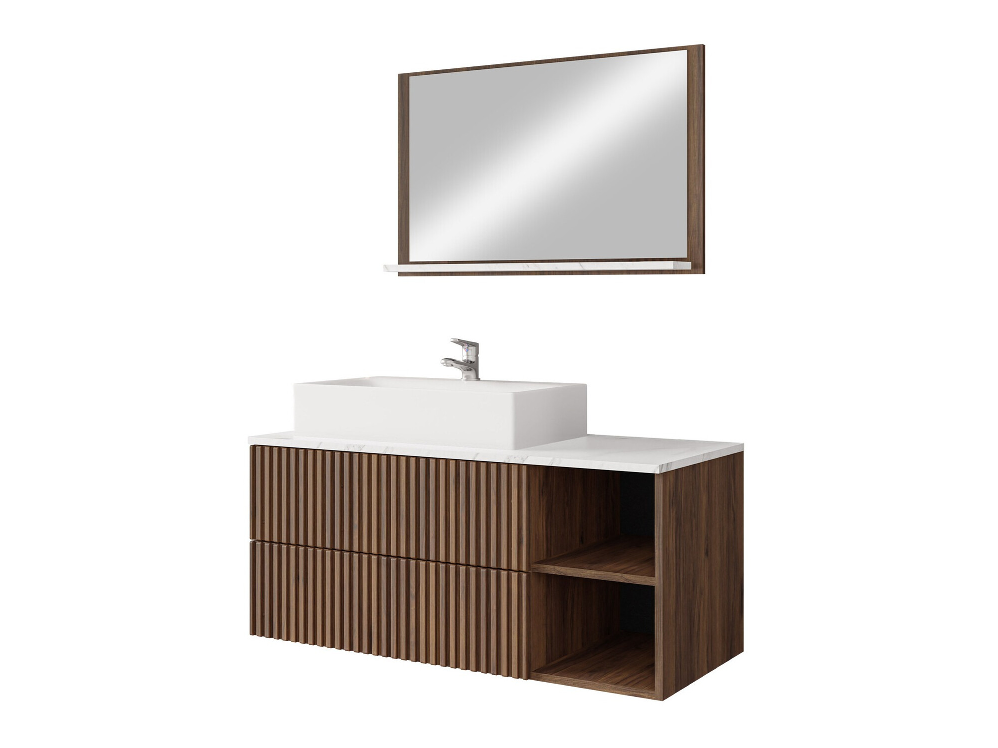 Badezimmer-Set Nauta (Walnussholzoptik + Weißer Marmor)