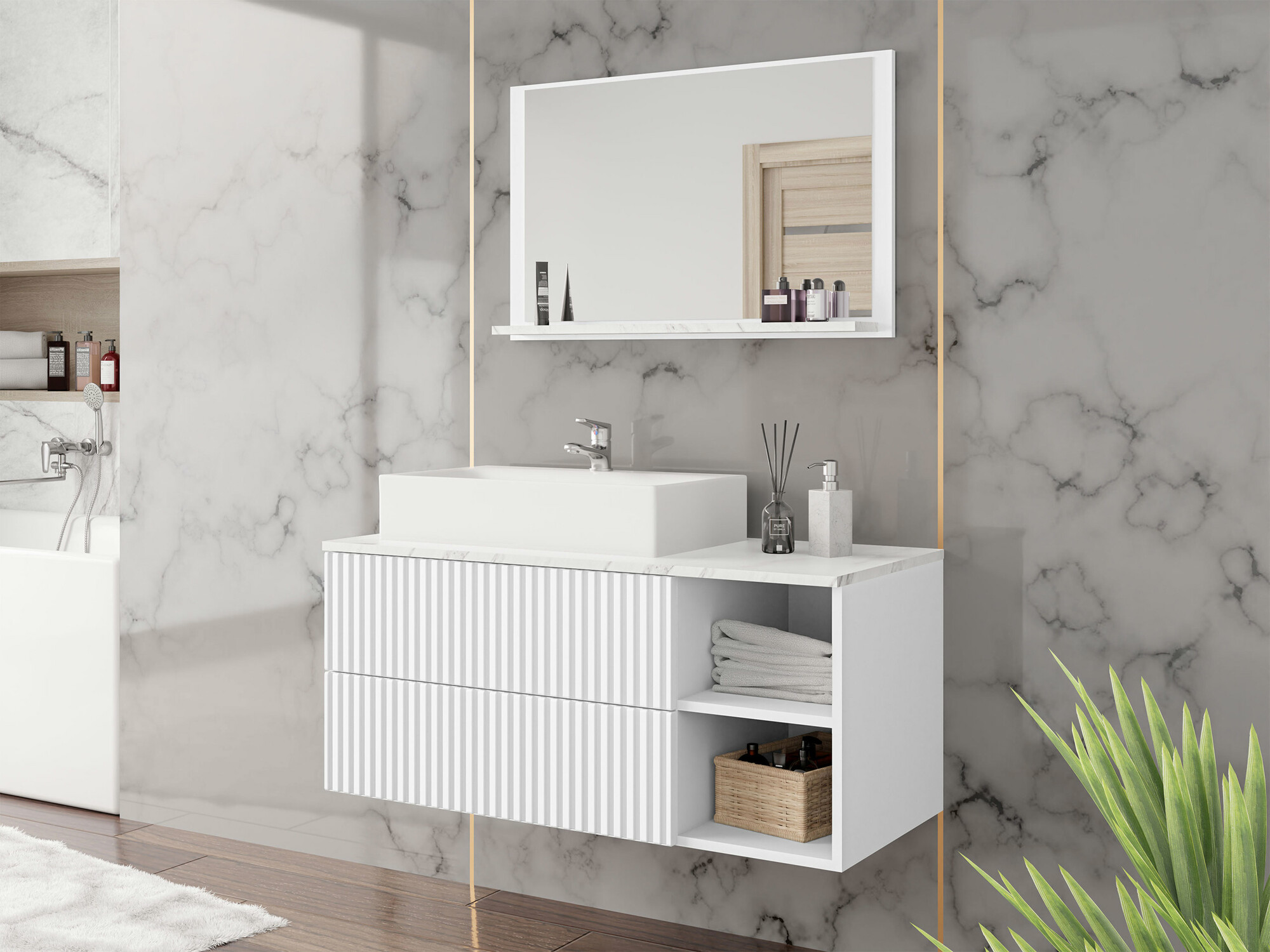 Badezimmer-Set Nauta (Weiß + Weißer Marmor)