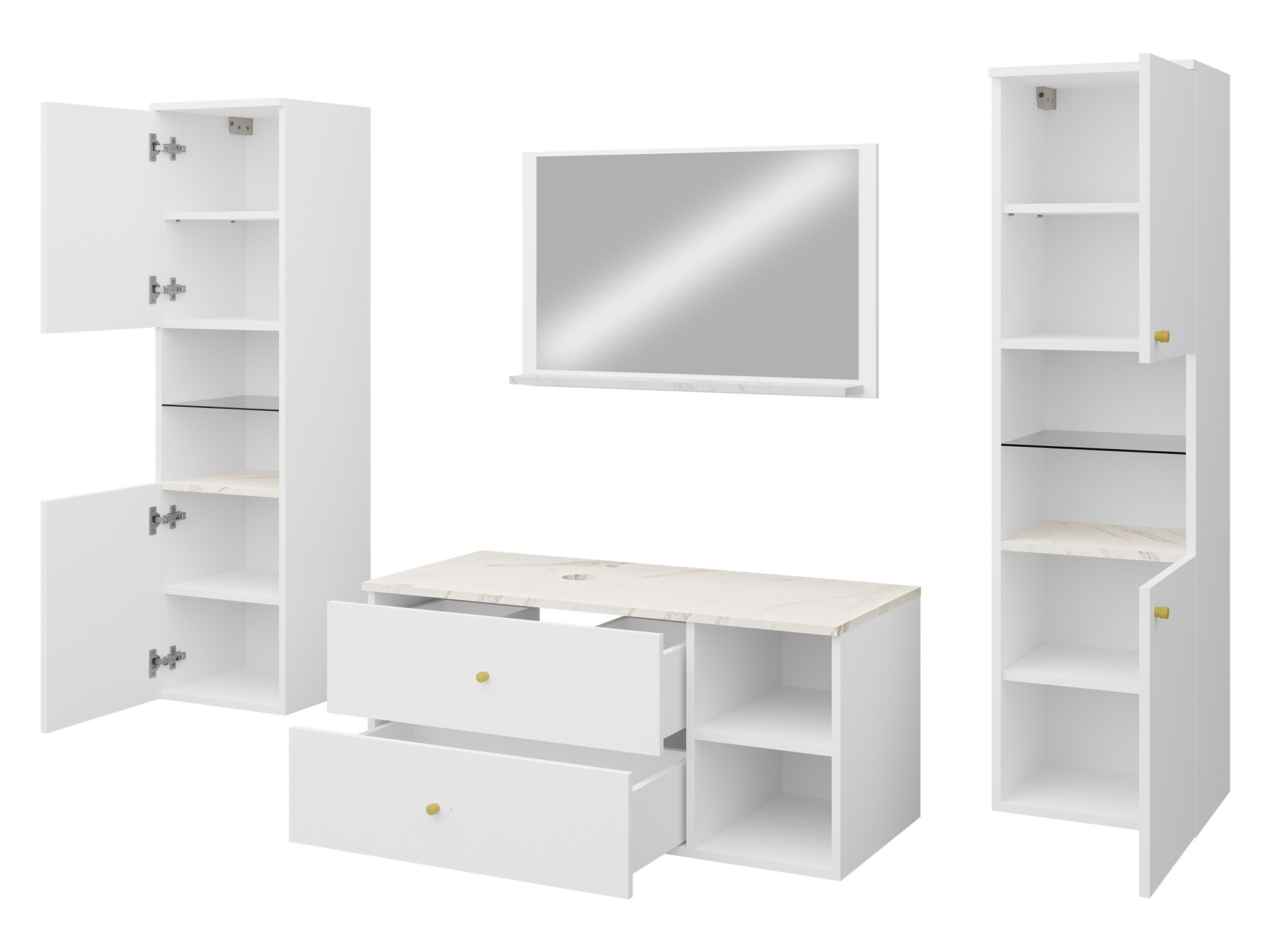 Badezimmer-Set Ophruvi 102 (Walnussholzoptik + Weißer Marmor)