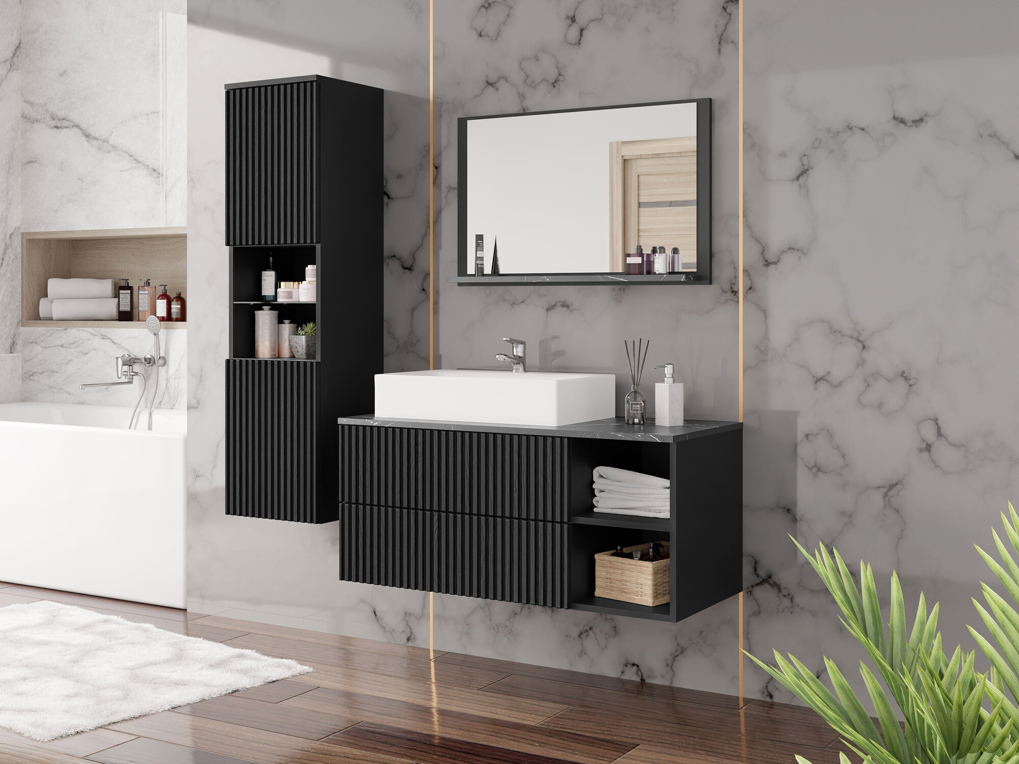 Badezimmer-Set Nauta I (Schwarz + Schwarzer Marmor)