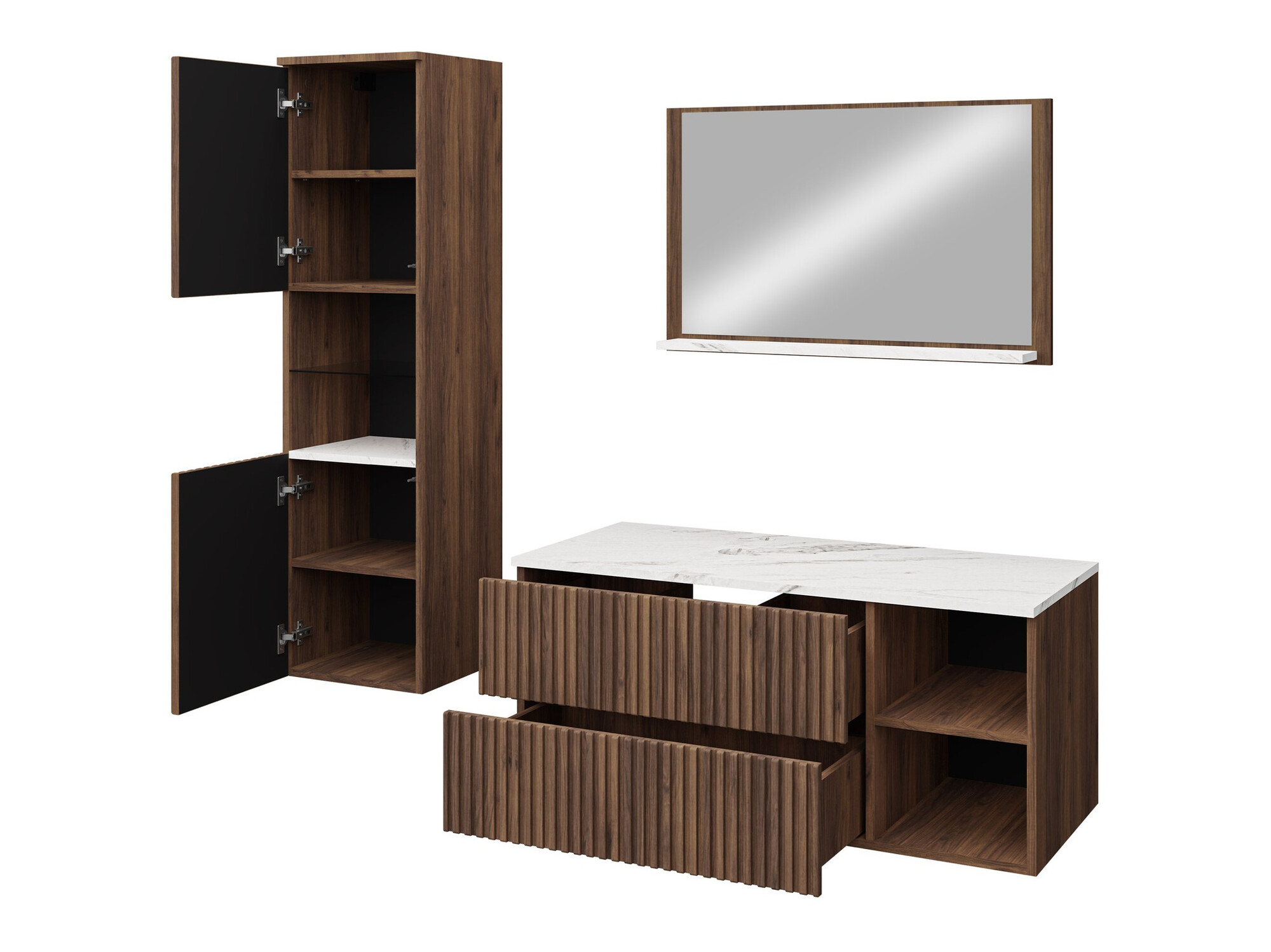 Badezimmer-Set Nauta I (Walnussholzoptik + Weißer Marmor)