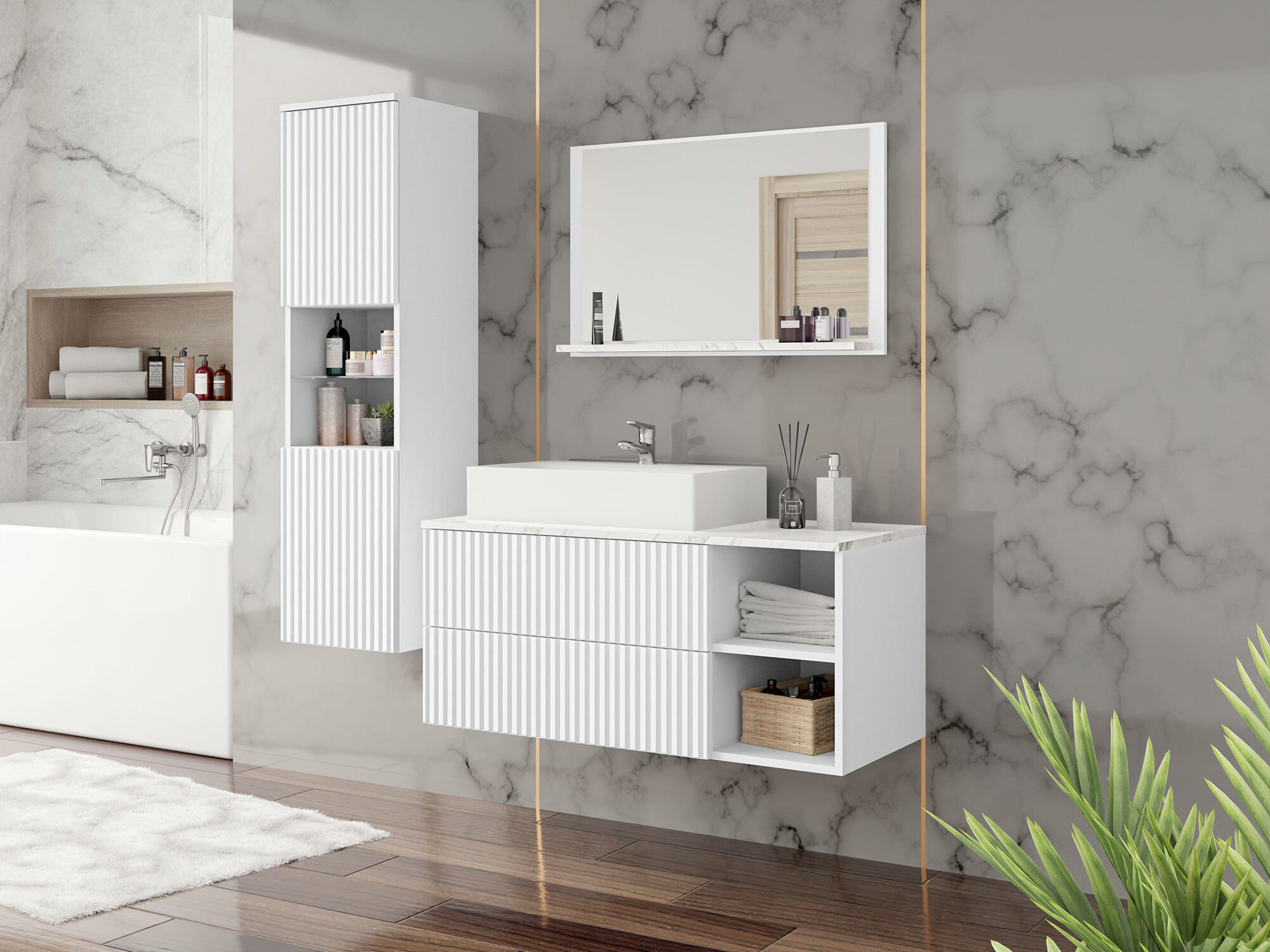 Badezimmer-Set Nauta I (Weiß + Weißer Marmor)