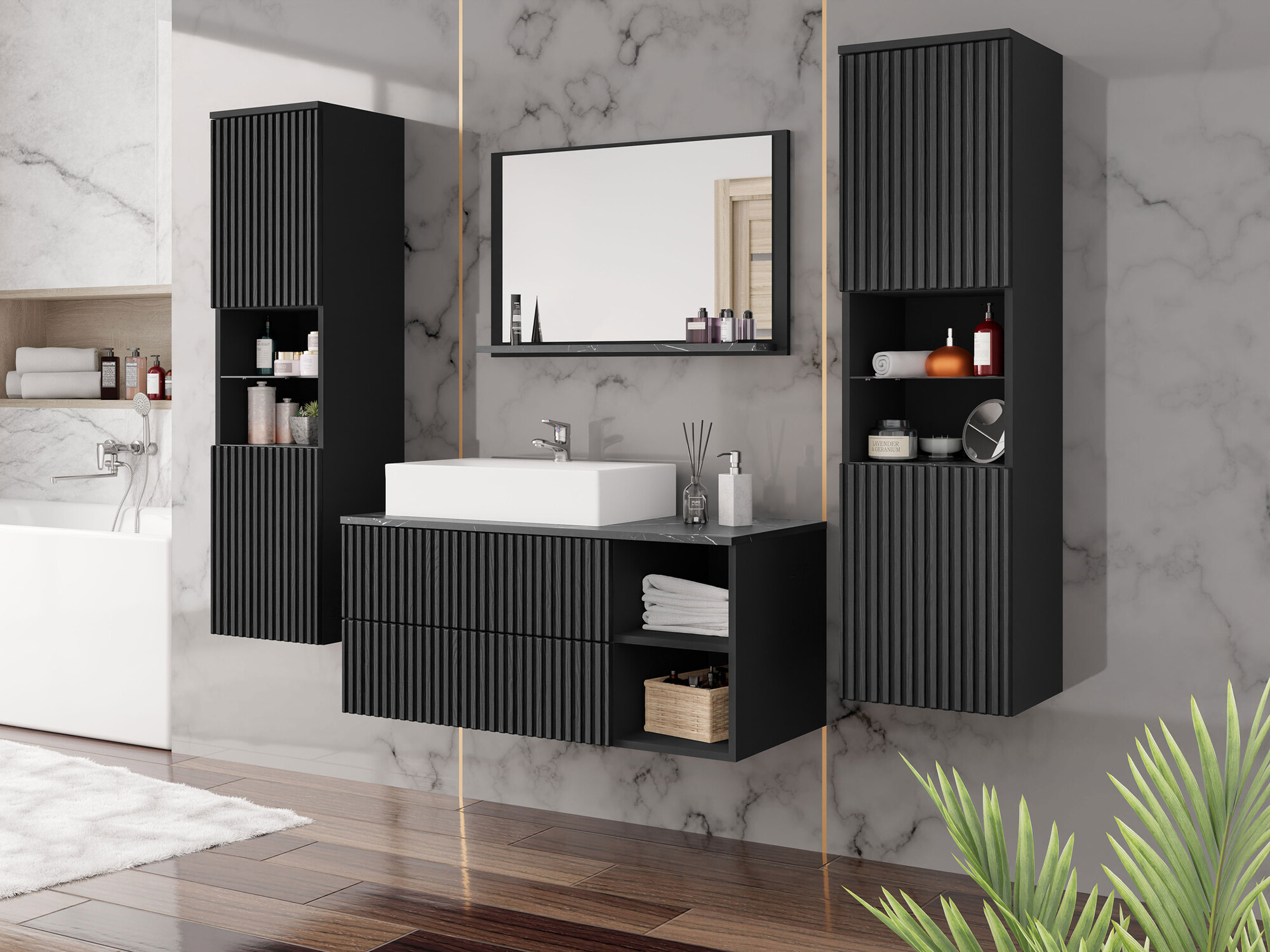 Badezimmer-Set Nauta II (Schwarz + Schwarzer Marmor)