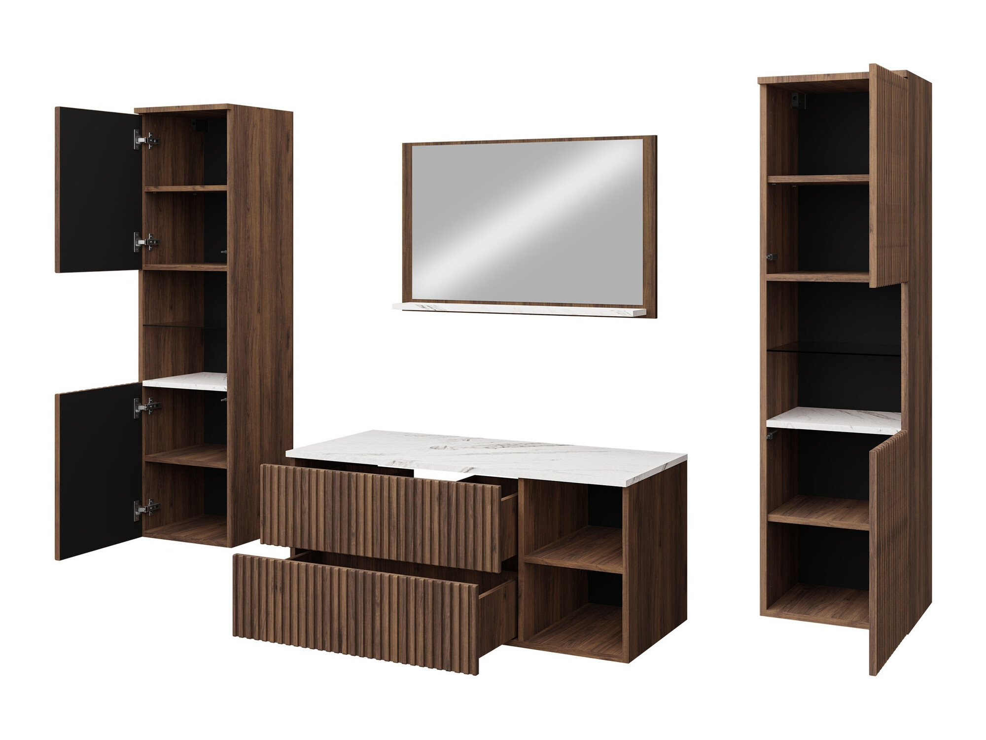 Badezimmer-Set Nauta II (Walnussholzoptik + Weißer Marmor)