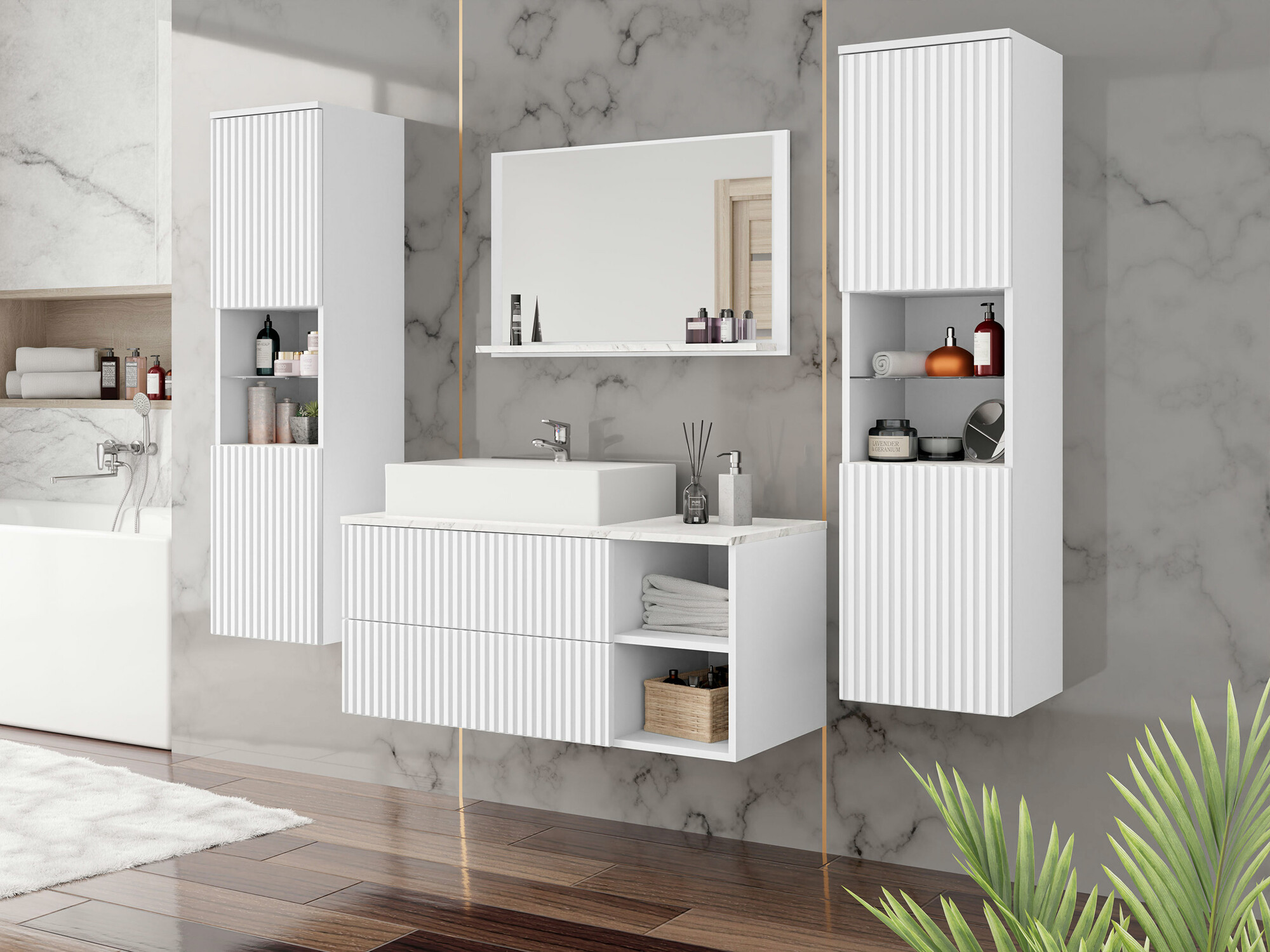 Badezimmer-Set Nauta II (Weiß + Weißer Marmor)
