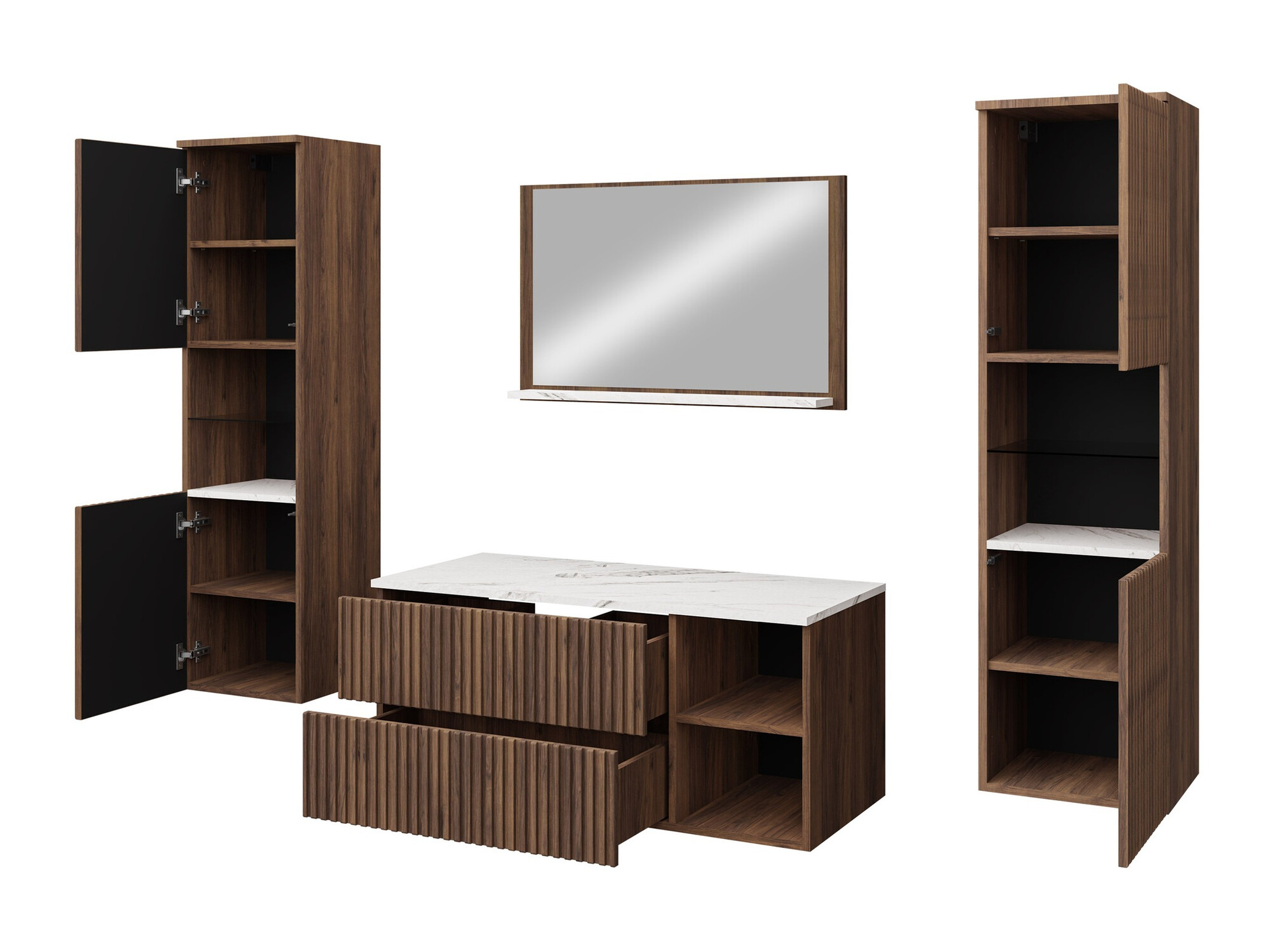 Badezimmer-Set Ophruvi 105 (Walnussholzoptik + Weißer Marmor)