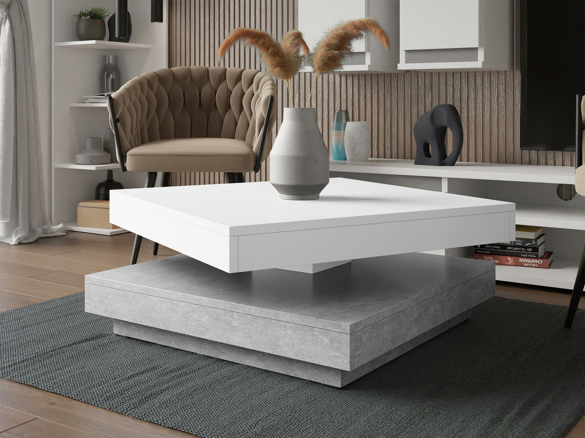 Couchtisch-Transformer Comfivo Pisces (Beton + Weiß)