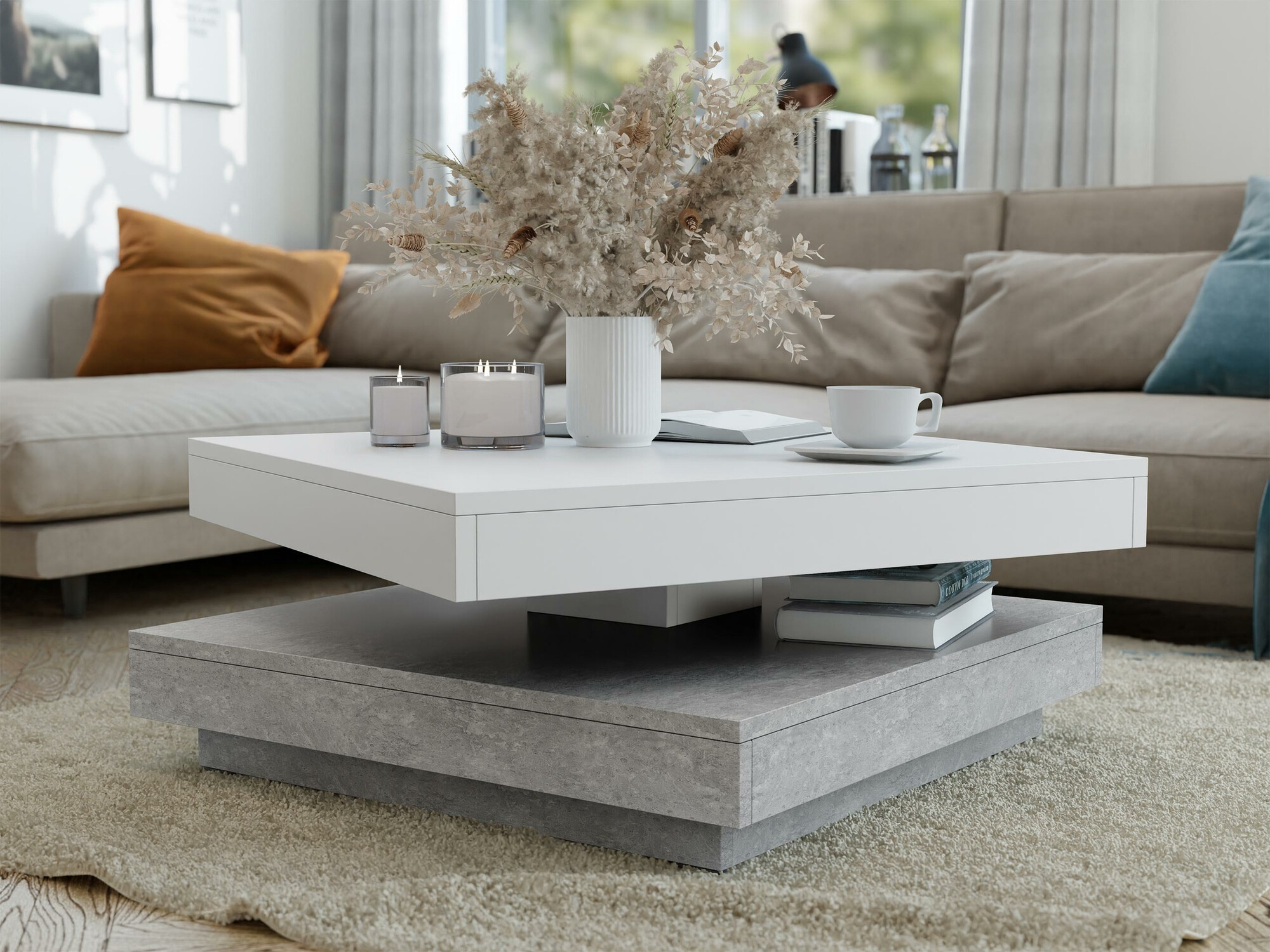 Couchtisch-Transformer Comfivo Pisces (Beton + Weiß)