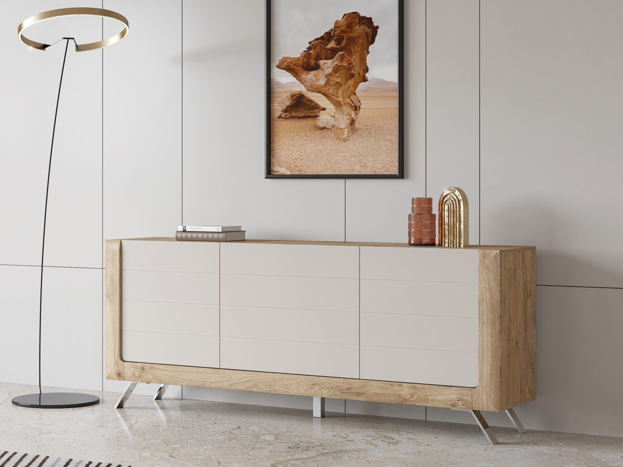 Sideboard Sovera 103 (Goldene Eichenholzoptik + Hellgrau)