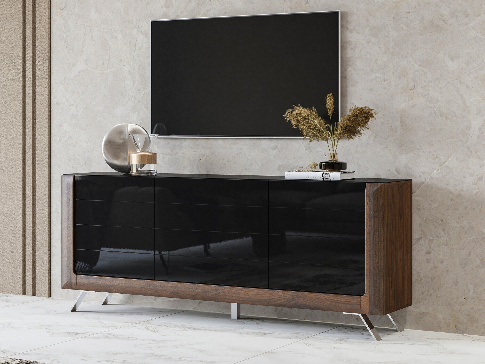 Sideboard Sovera 103 (Nussholzoptik + Schwarz glänzend)