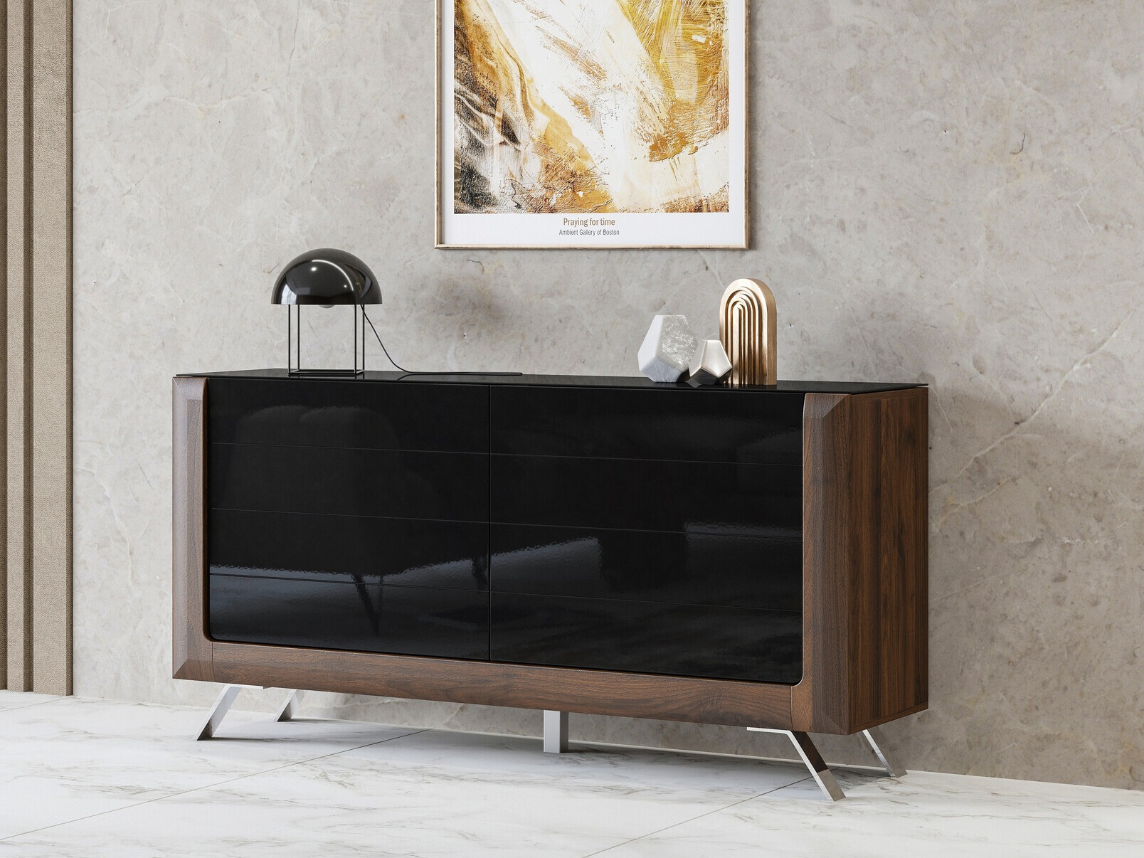 Sideboard Sovera 107 (Nussholzoptik + Schwarz glänzend)