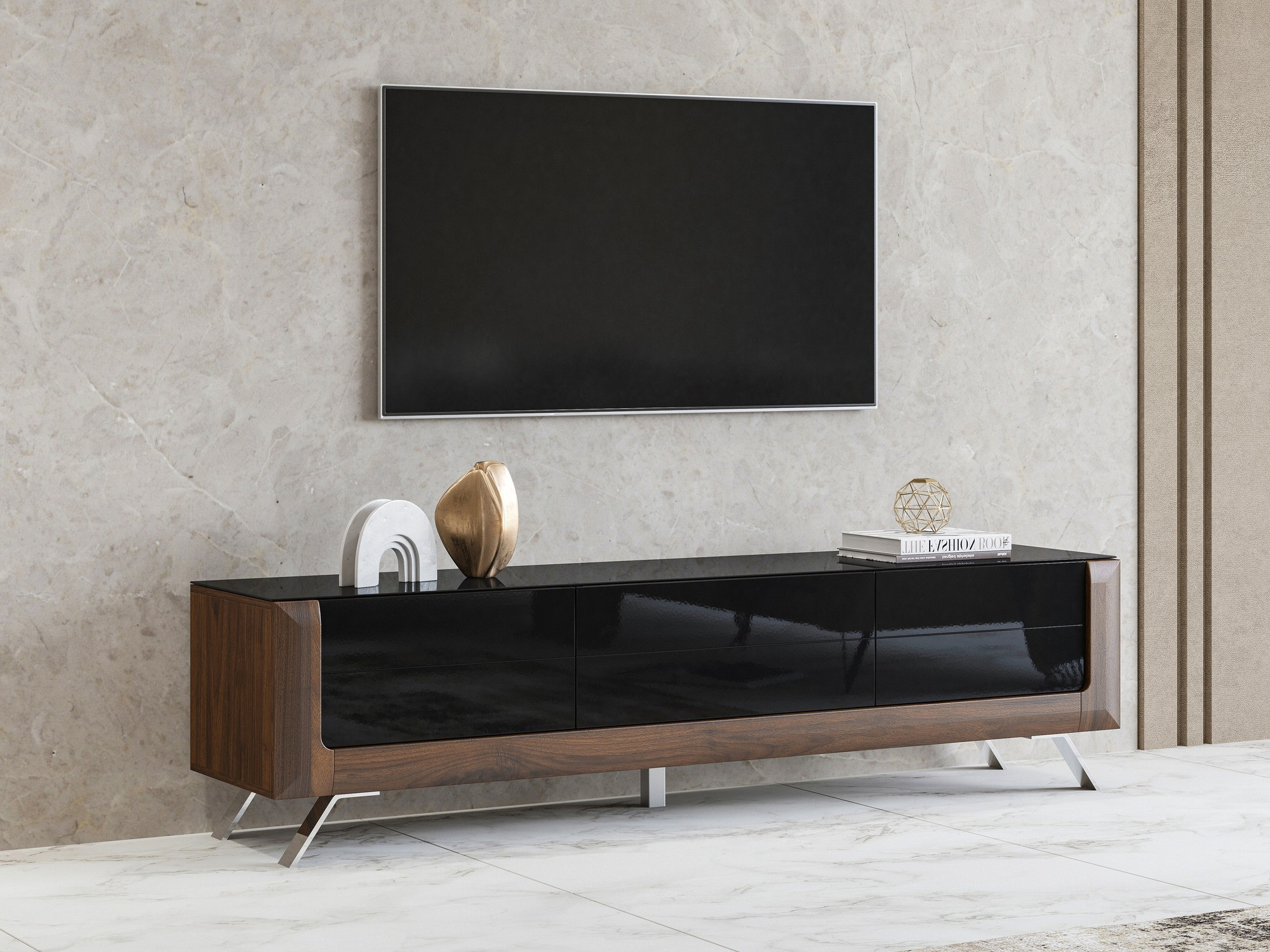 TV-Möbel Sovera 104 (Nussholzoptik + Schwarz glänzend)