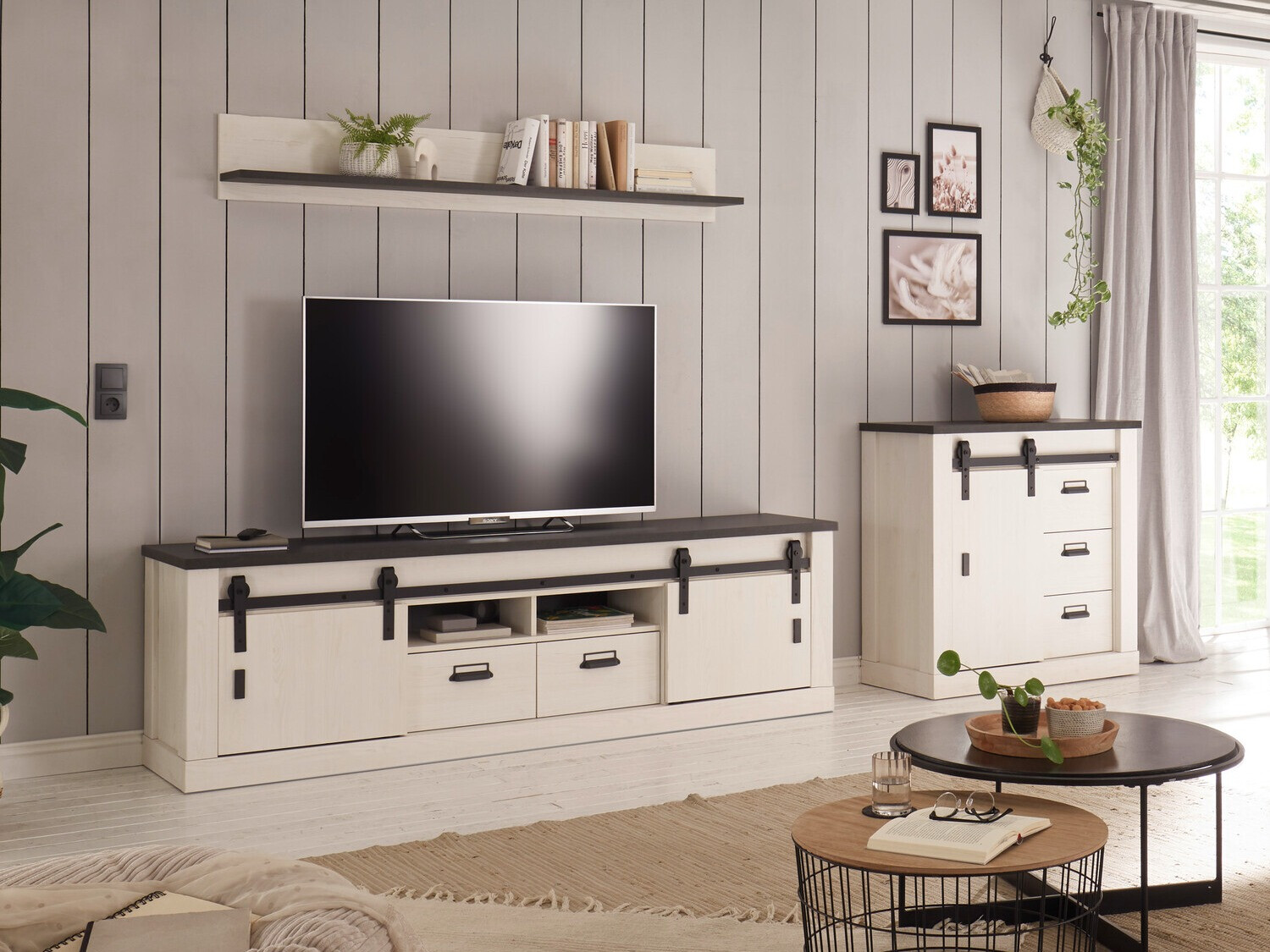 Wohnzimmer-Sets Cirtale 132 (Kiefernholzoptik gebleicht + Anthrazit)