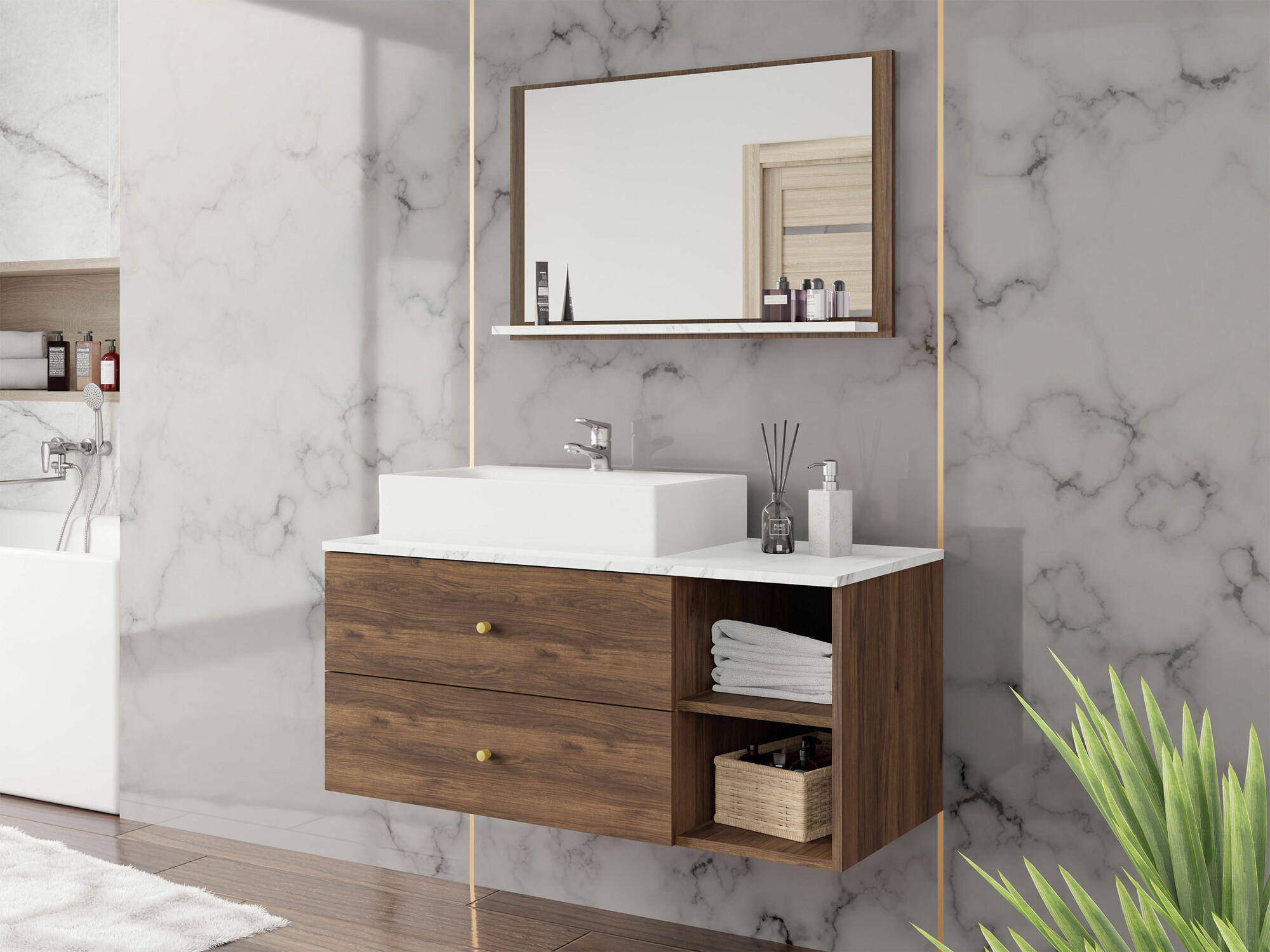 Badezimmer-Set Salus I (Walnussholzoptik + Weißer Marmor)