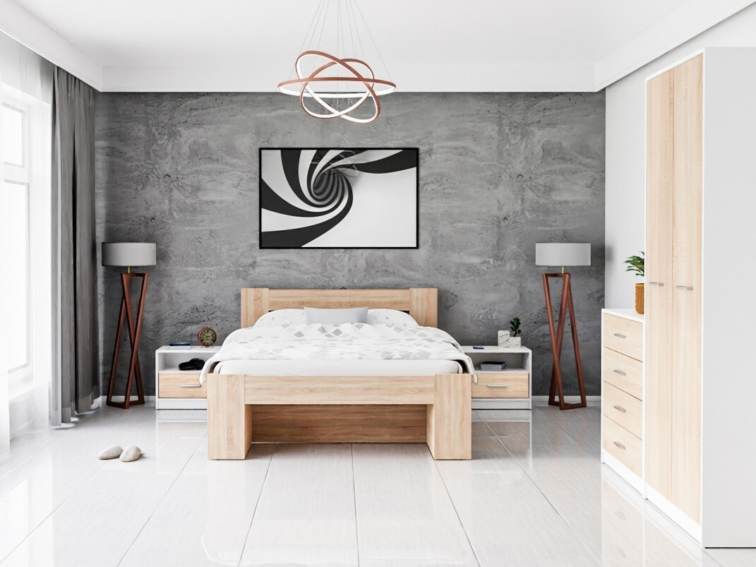 Schlafzimmer-Set Novsore 147 (Weiß + Sonoma Eichenholzoptik)
