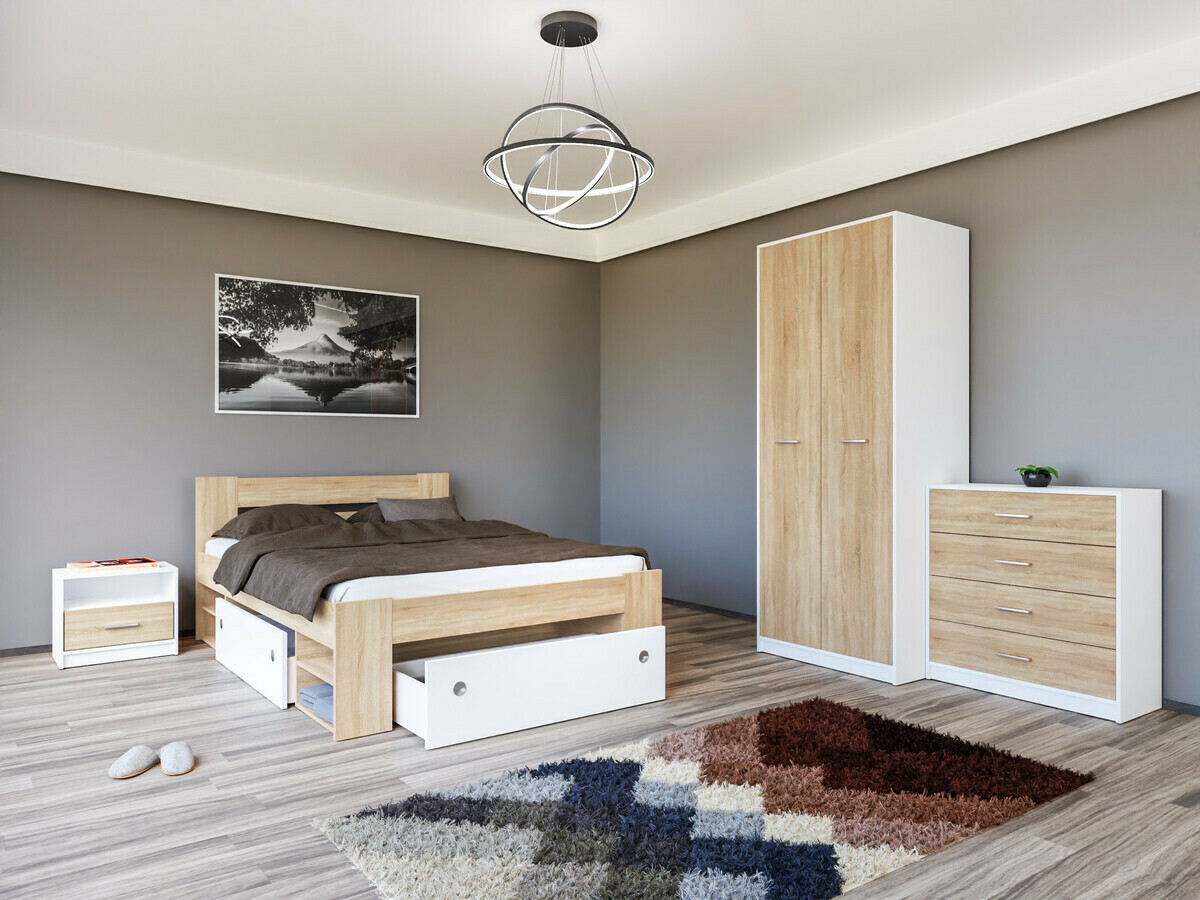 Schlafzimmer-Set Novsore 147 (Weiß + Sonoma Eichenholzoptik)
