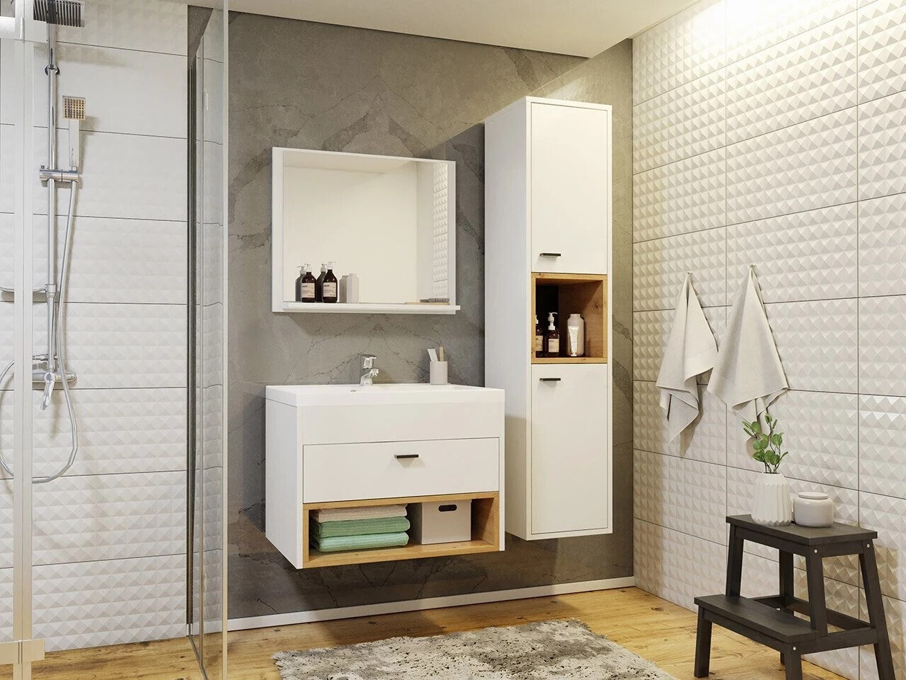 Hängeschrank für Waschbecken Velum (Weiß + Artisan Eichenholzoptik)