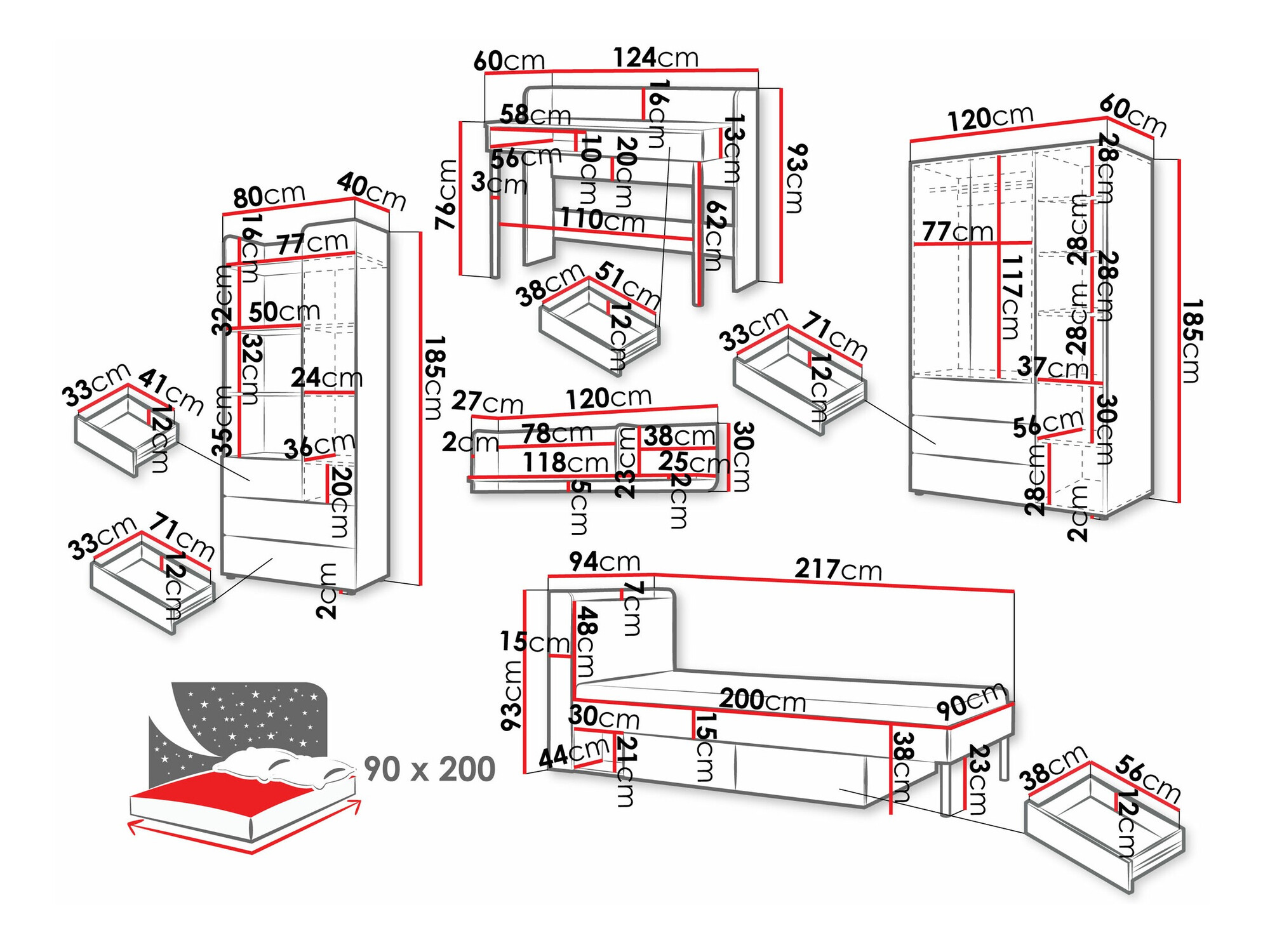 Kinderzimmer-Set Domcali 116 (Grau + Eichenholzoptik)
