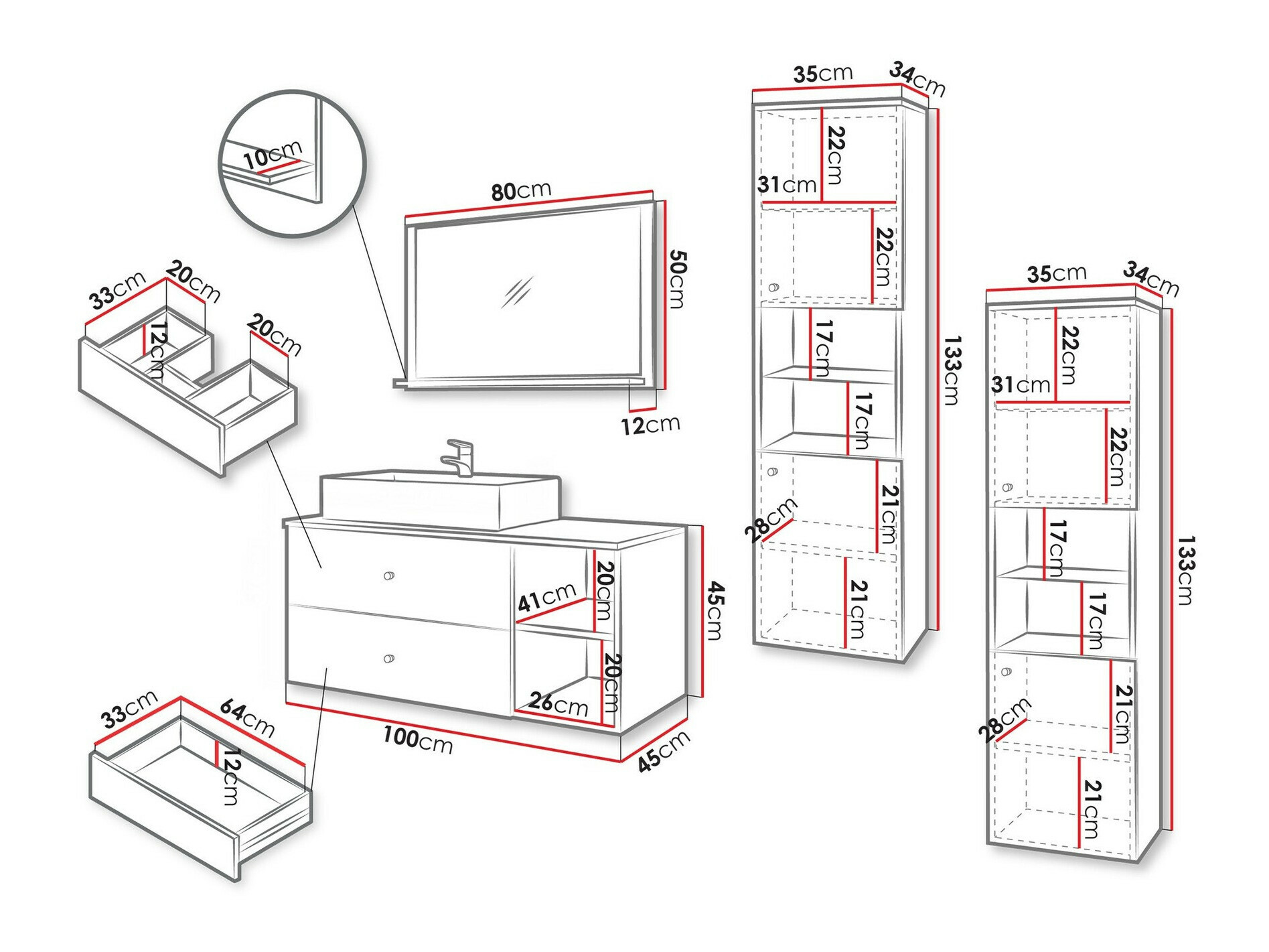 Badezimmer-Set Salus III (Schwarz + Schwarzer Marmor)