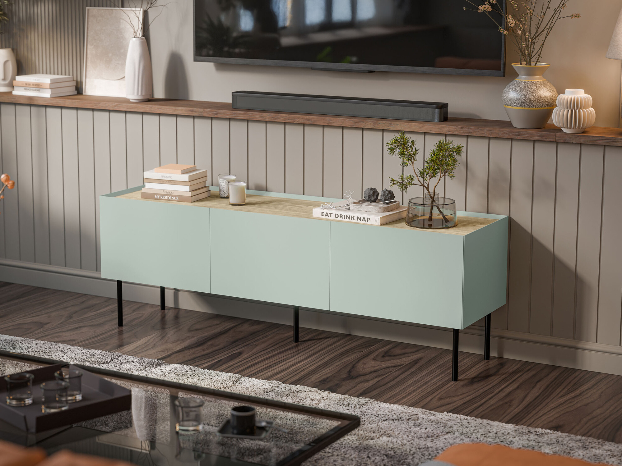 TV-Möbel Melbela 106 (Olivenbaum hell + Eichenholzoptik)