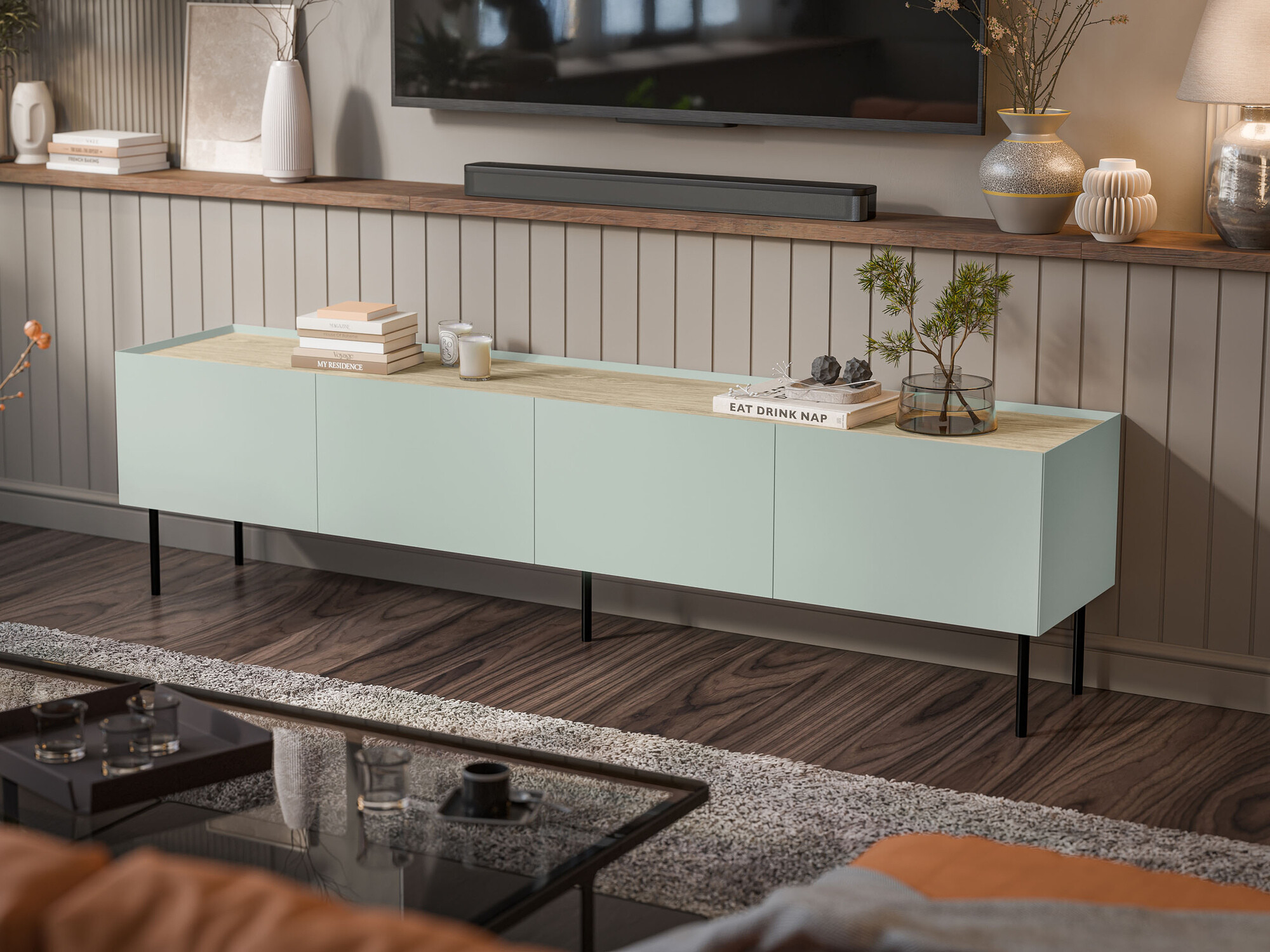 TV-Möbel Melbela 107 (Olivenbaum hell + Eichenholzoptik)