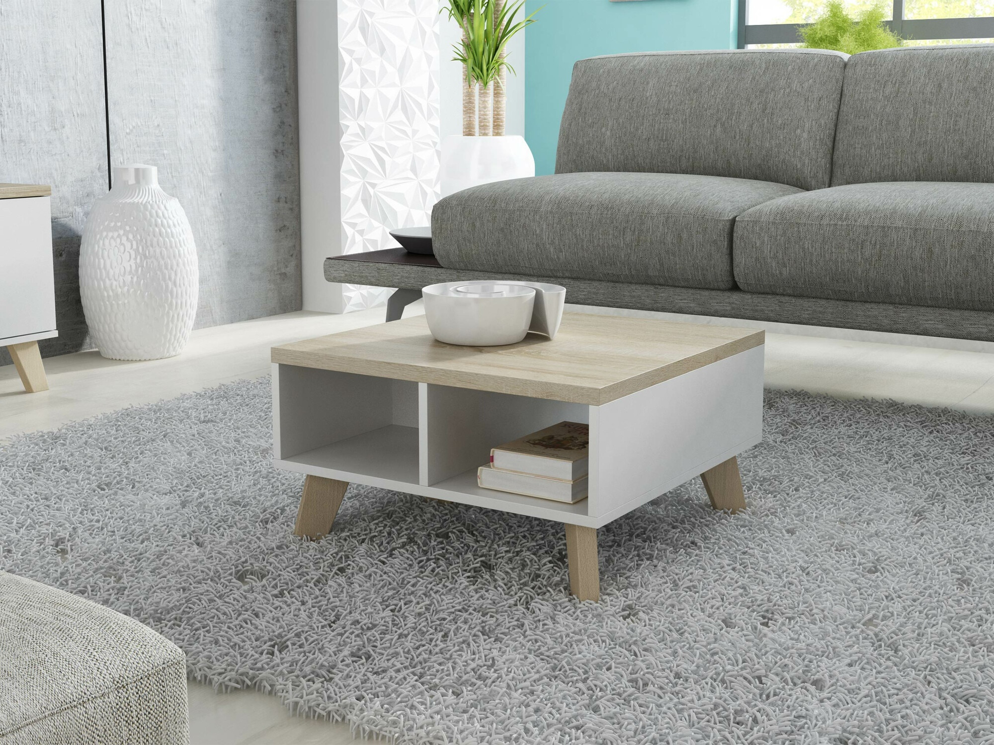 Couchtisch Larfloi 100 (Weiß + Sonoma Eichenholzoptik)