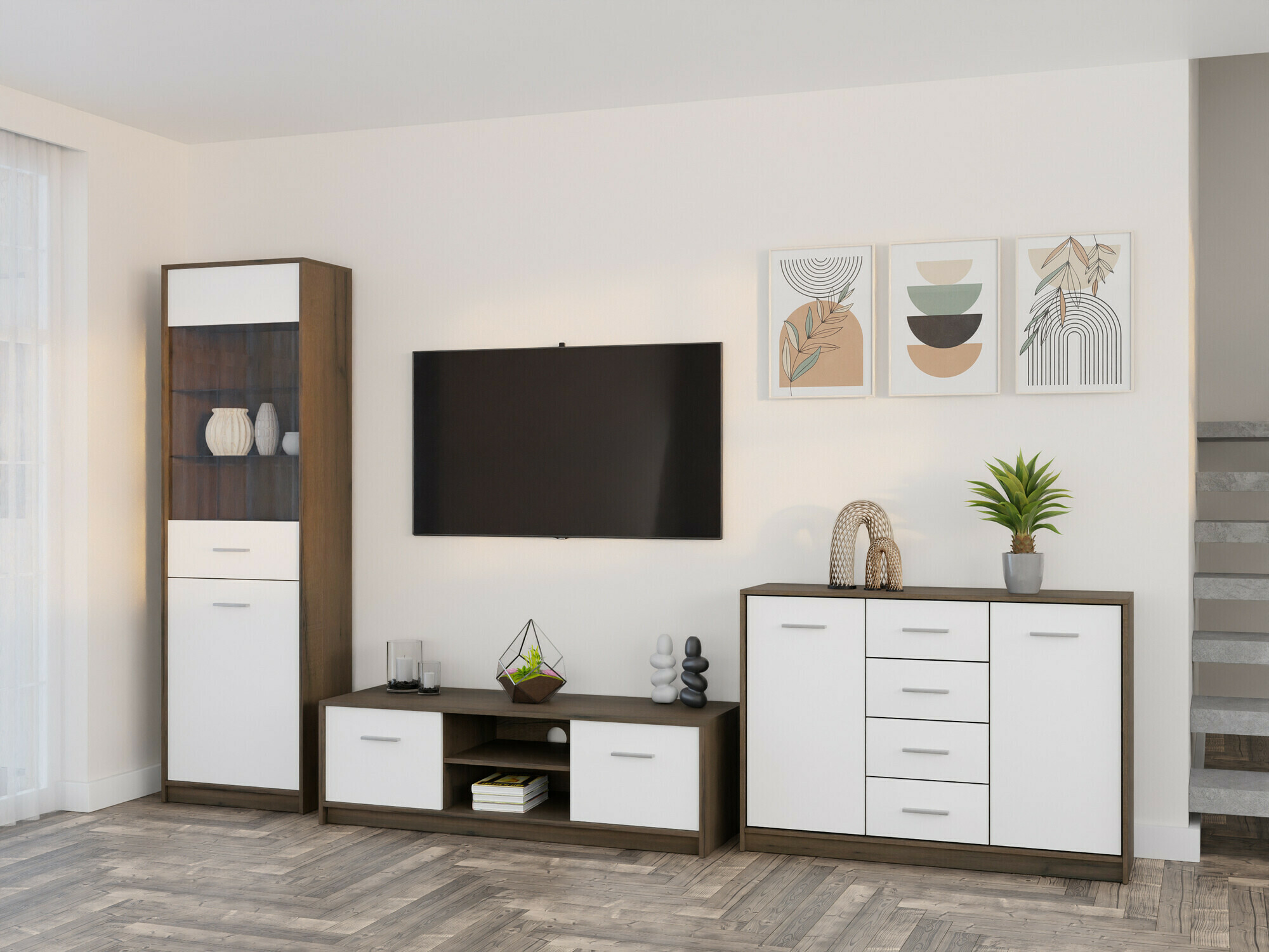 Wohnzimmer-Sets Novsore 162 (Eichenholzoptik dunkel + Weiß)