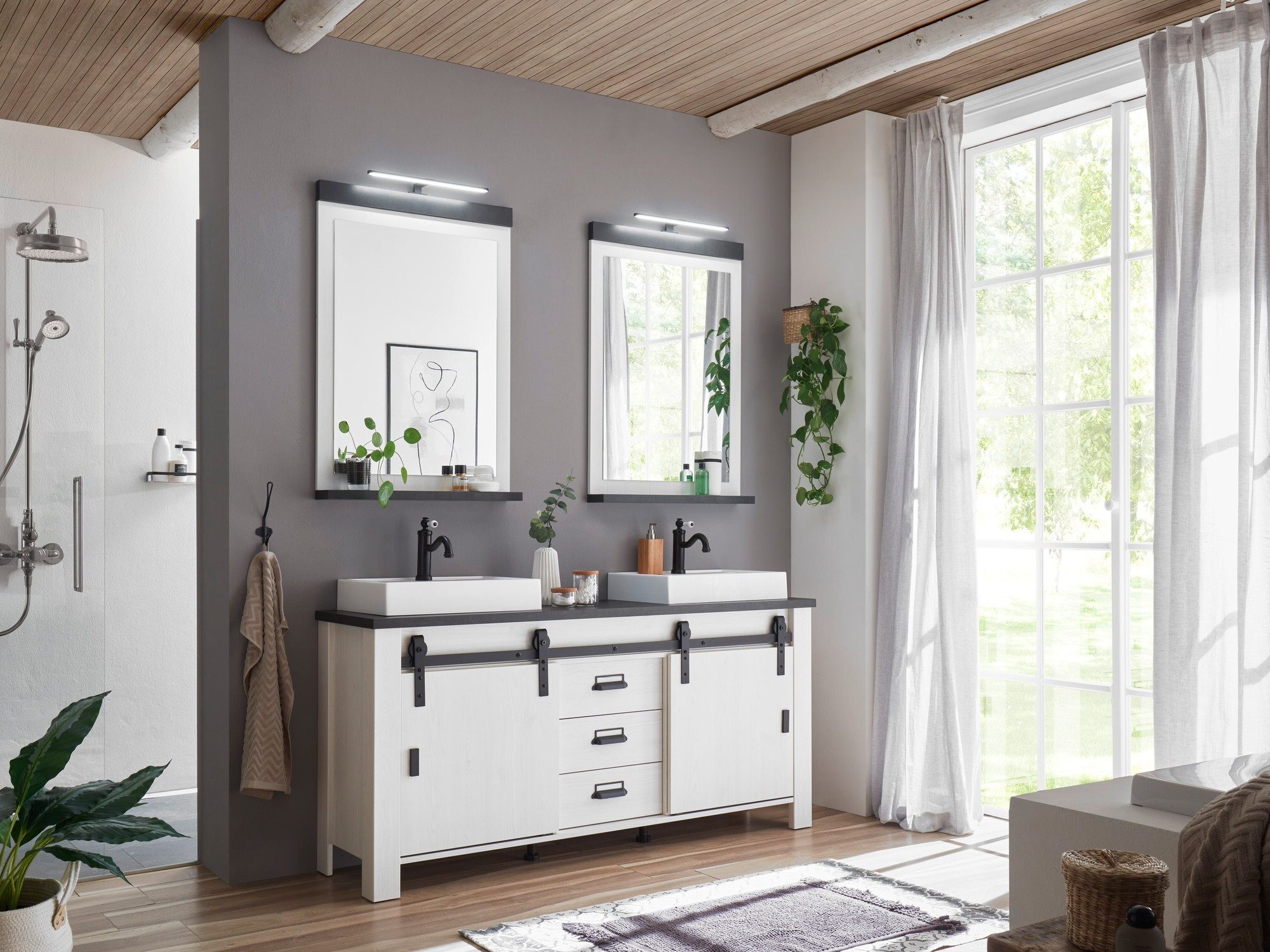 Badezimmer-Set Cirtale 137 (Kiefernholzoptik gebleicht + Anthrazit)