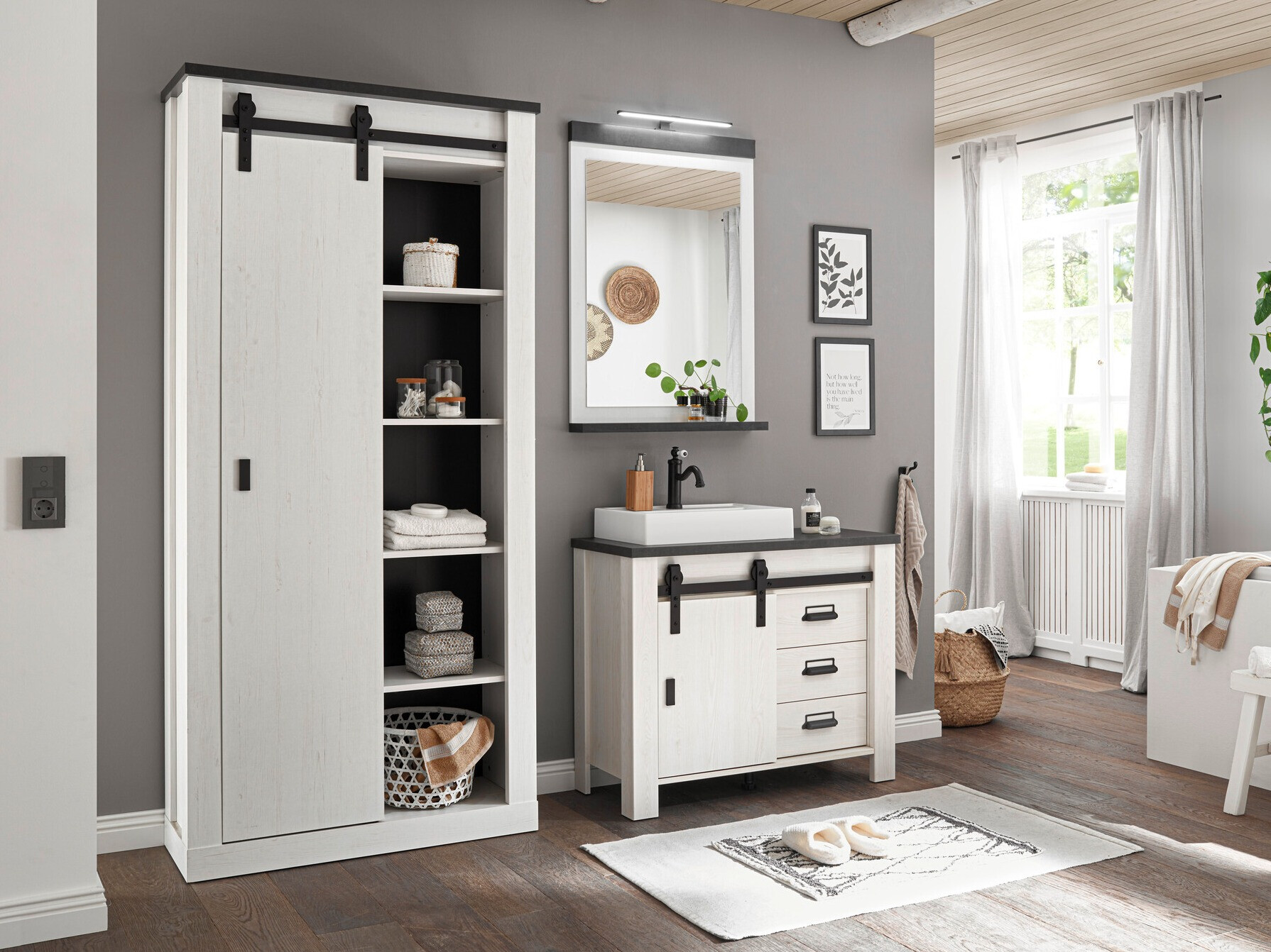 Badezimmer-Set Cirtale 139 (Kiefernholzoptik gebleicht + Anthrazit)