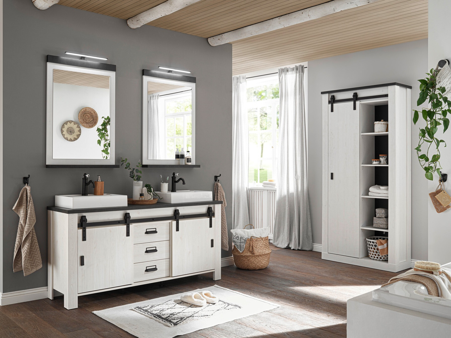 Badezimmer-Set Cirtale 140 (Kiefernholzoptik gebleicht + Anthrazit)