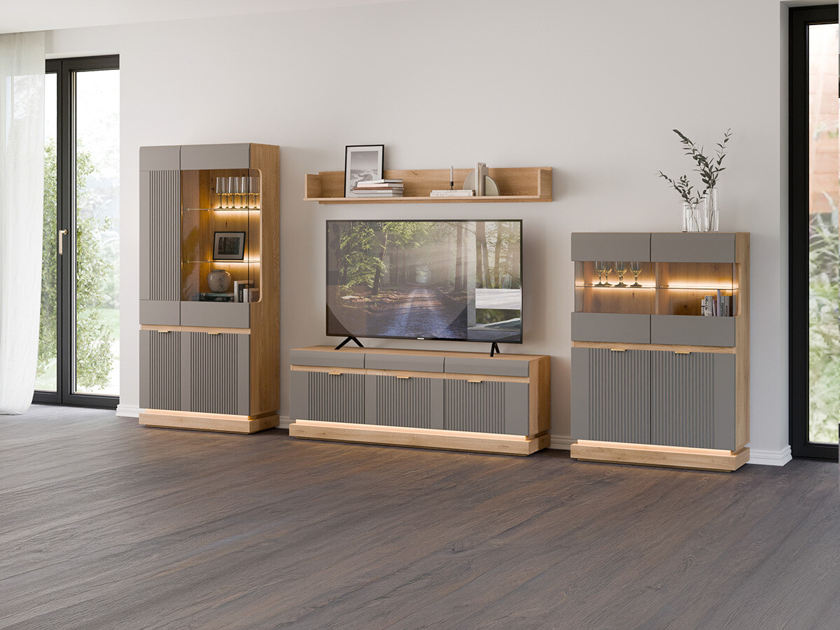 Wohnzimmer-Sets Teselbu 116 (Grau + Eichenholzoptik)