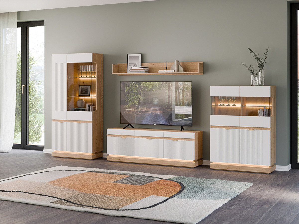 Wohnzimmer-Sets Teselbu 116 (Weiß + Eichenholzoptik)