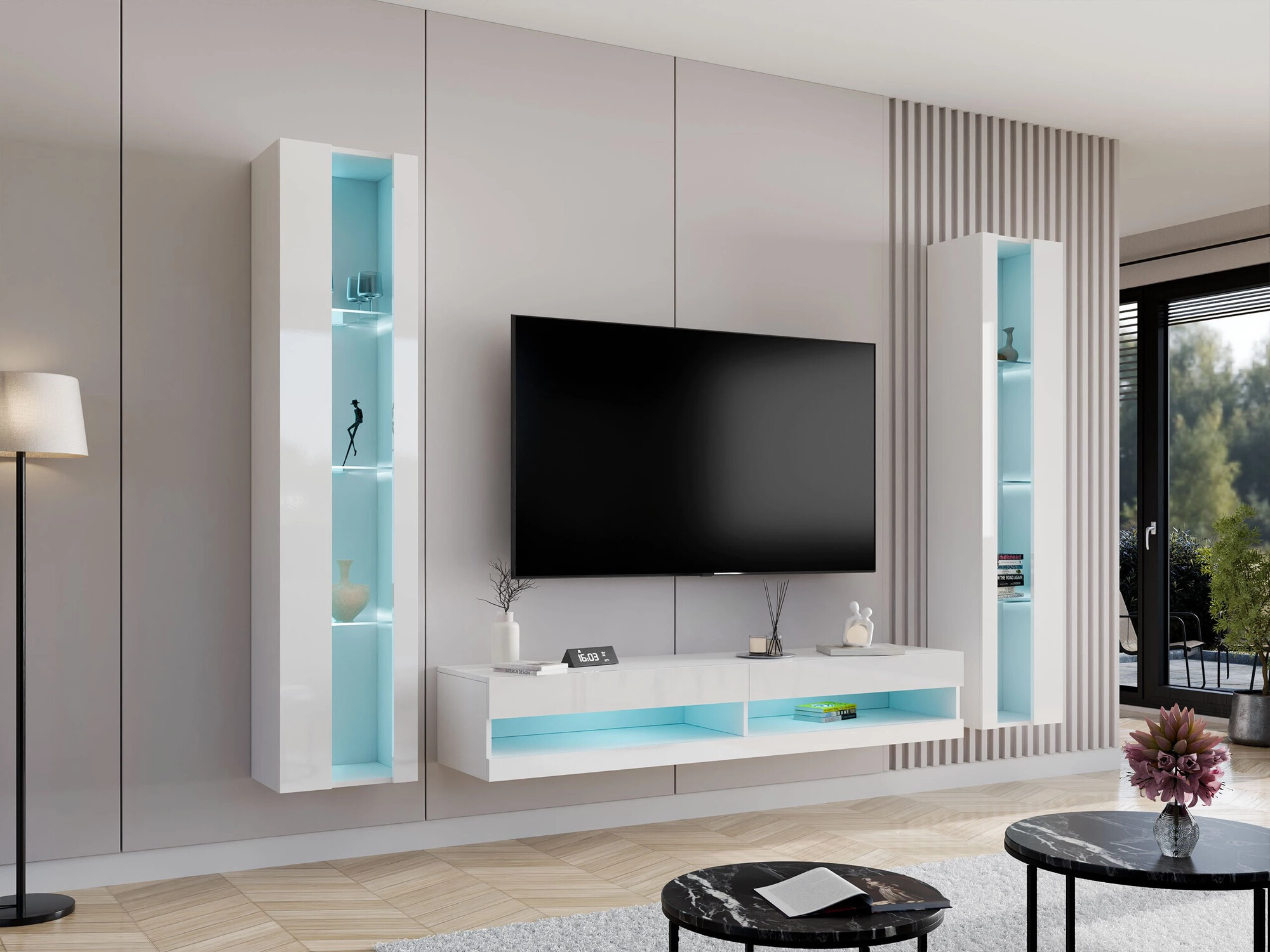 Wohnzimmer-Sets Venenou 112 (Weiß + Weiß glänzend)