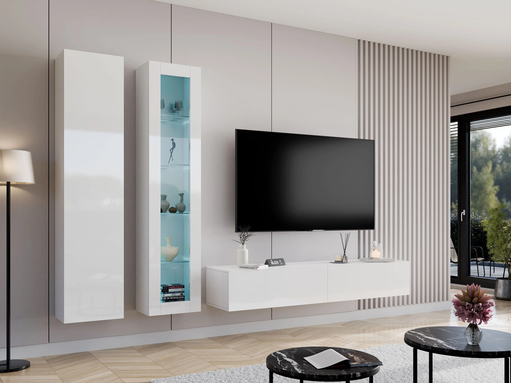 Wohnzimmer-Sets Vilrin I (Weiß + Weiß glänzend)