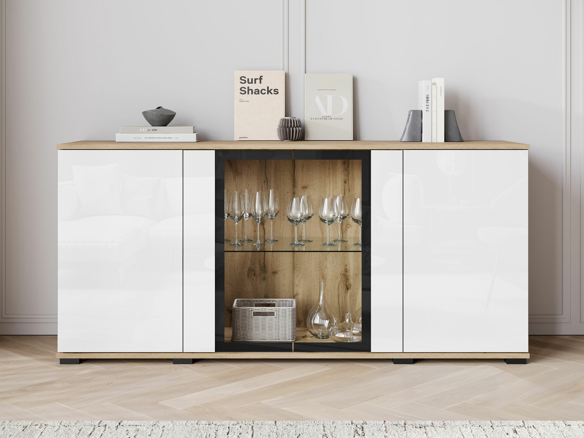 Sideboard Torcame 102 (Wotan Eiche + Weiß glänzend)