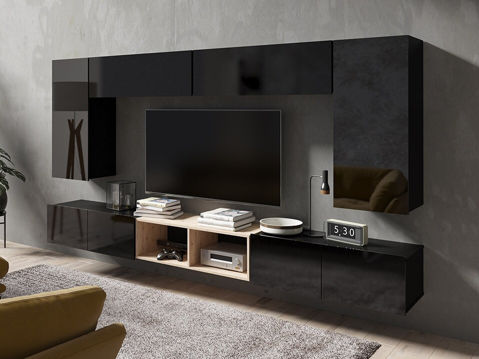 Wohnzimmer-Sets Remus XXIII (Schwarz + Schwarz glänzend + Artisan Eichenholzoptik)