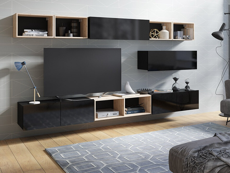 Wohnzimmer-Sets Tivdalu 146 (Schwarz + Schwarz glänzend + Artisan Eichenholzoptik)